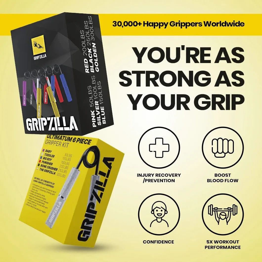 GRIPZILLA Entrenador de fuerza de agarre de 50 a 300 libras, paquete de 6, rosa, plata, azul, rojo, amarillo y negro