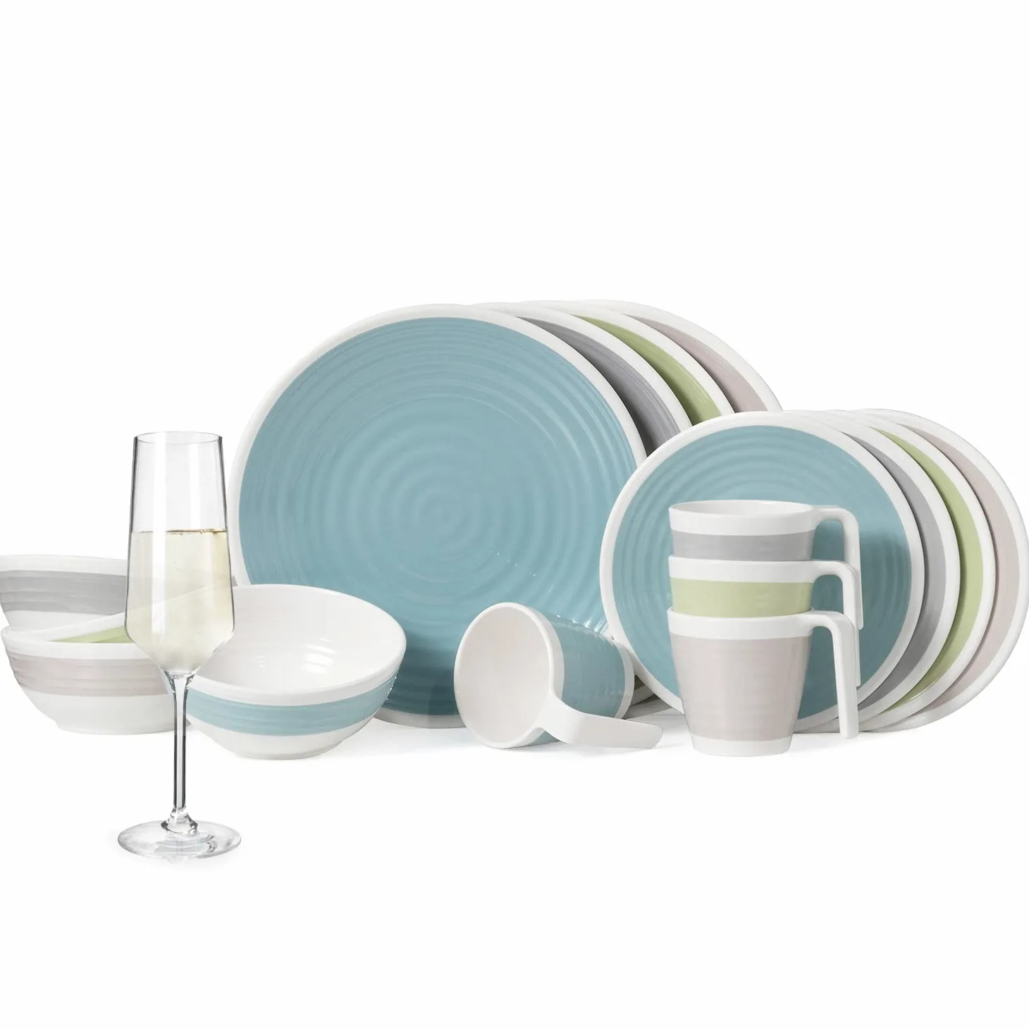 Vajilla de melamina para camping, 4 personas, armonía, 16 piezas + 4 copas Milano, copas de champán, vajilla de pícnic, barbacoa