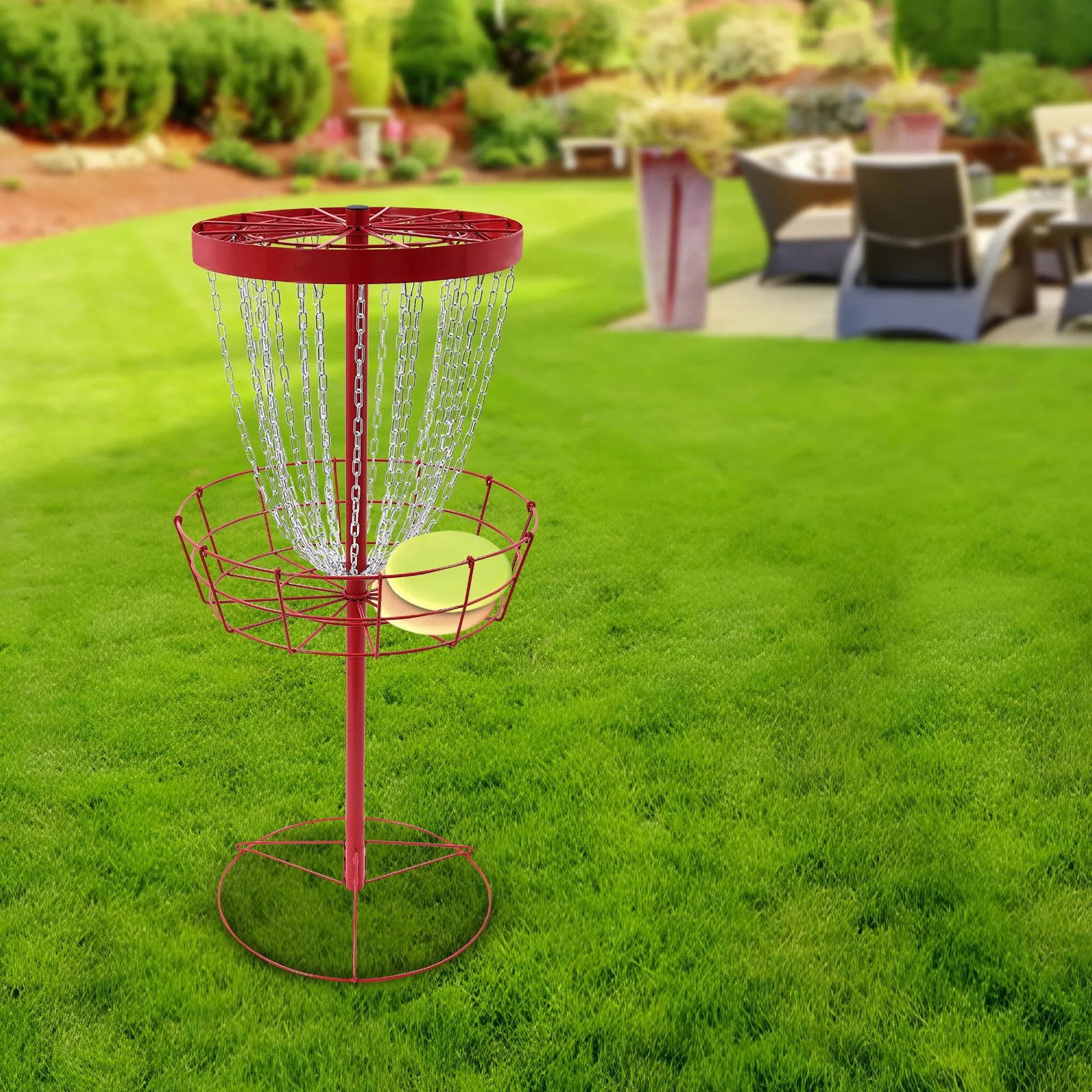 Disc Golf - Cesta de golf independiente con 24 cadenas, disco portátil, objetivo para ejercicio al aire libre, 64,5 cm de diámetro, con 4 clavos de suelo, adecuado para principiantes y