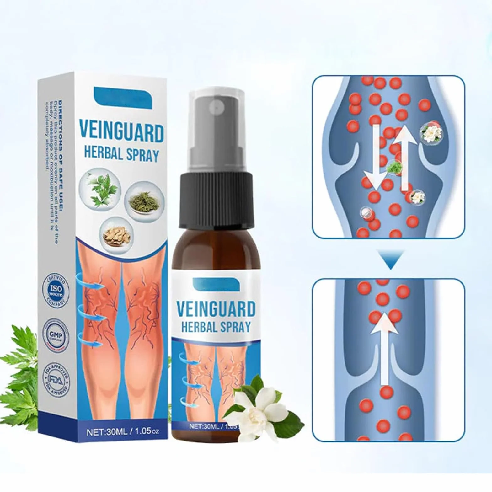 VeinGuard Spray Herbal 2 en 1 para Piernas y Venas, 30ml*2