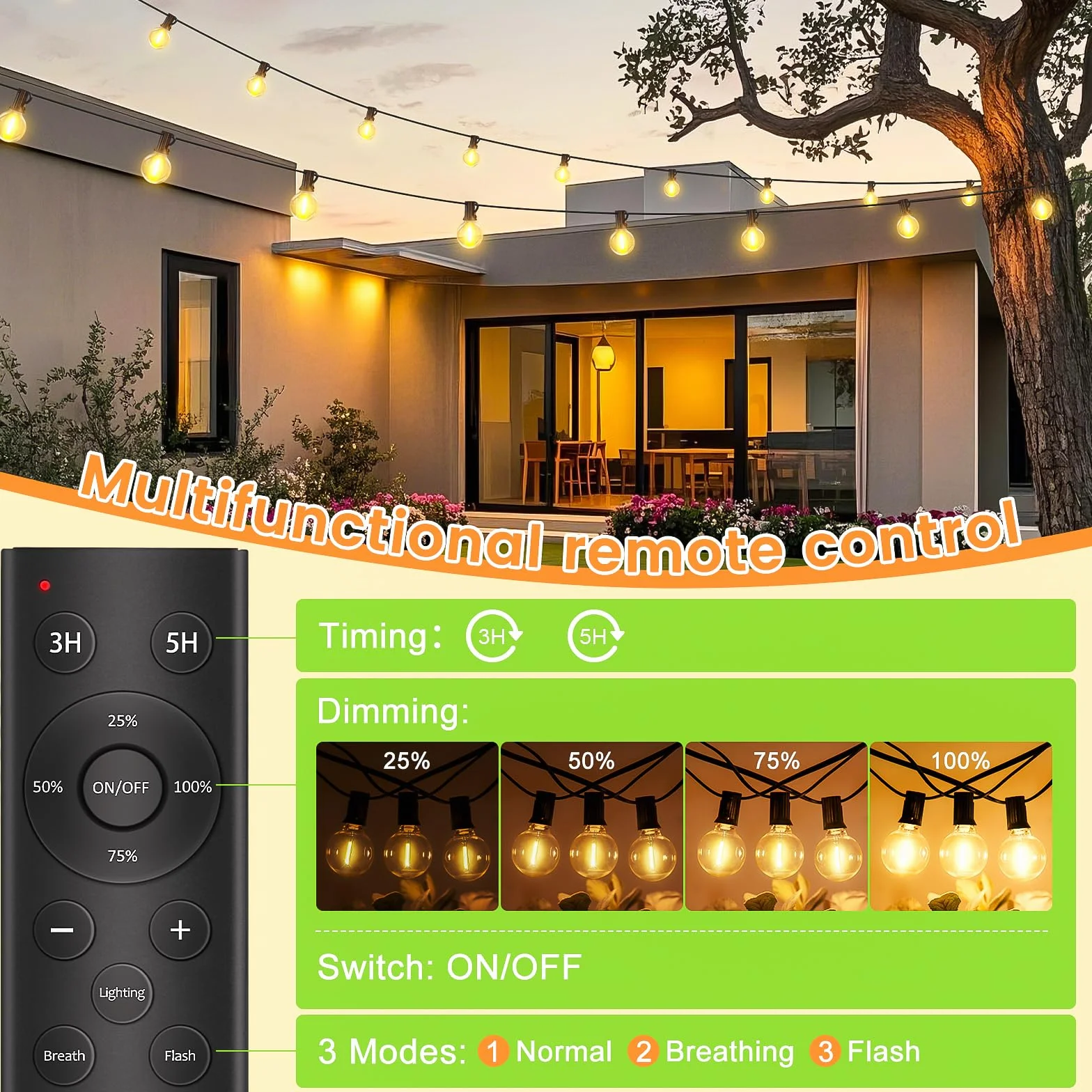 Guirnaldas Luces Exterior G40 45+2 Bombillas LED Blanco Cálido Dimmable Impermeable IP44 para Jardín Terraza