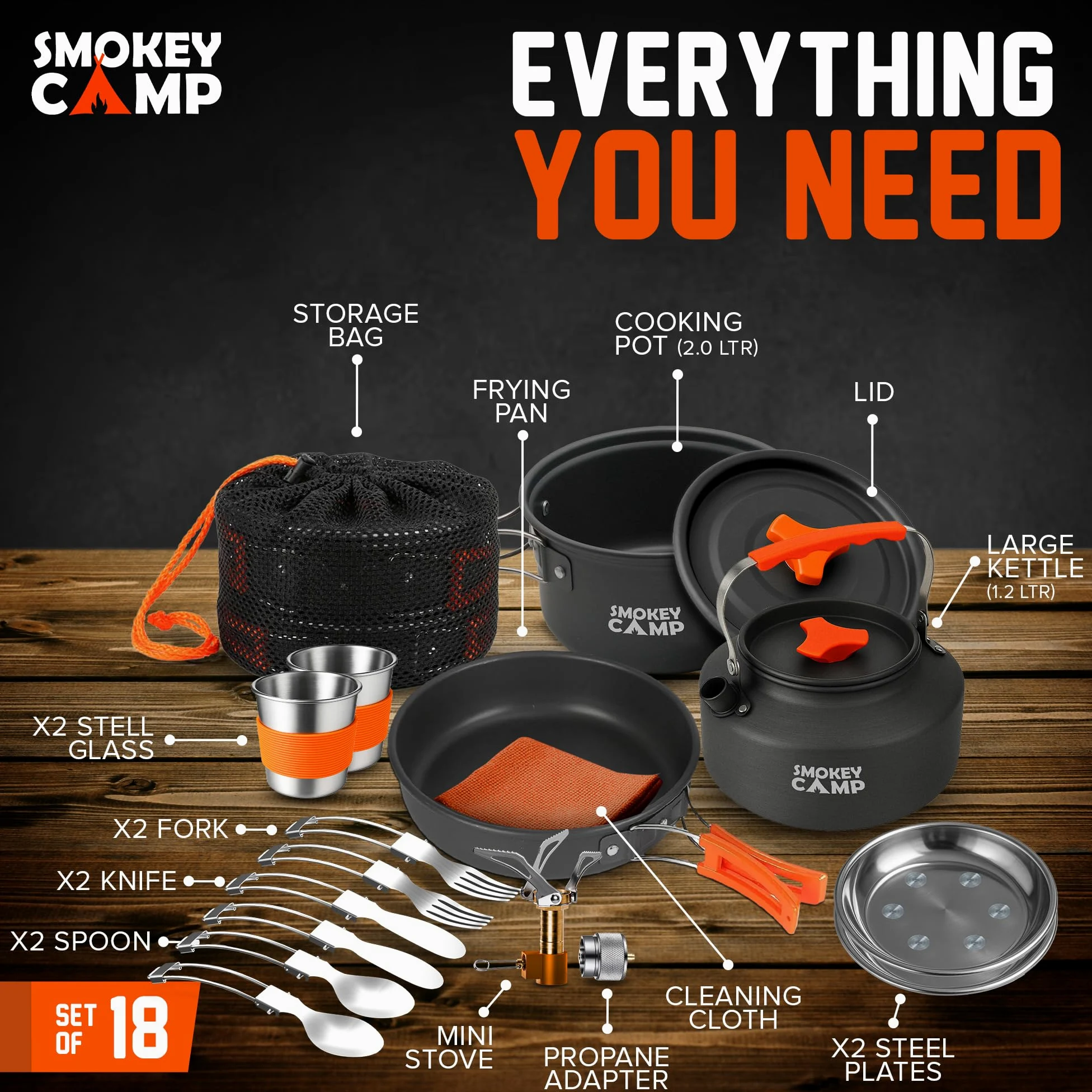 Smokey Camp Juego de Cocina para mochileros – Kit de Utensilios de Cocina Compacto para Camping, Juego de Cocina Todo en uno, Kit de Utensilios de Cocina antiadherentes para Camping, Senderismo,