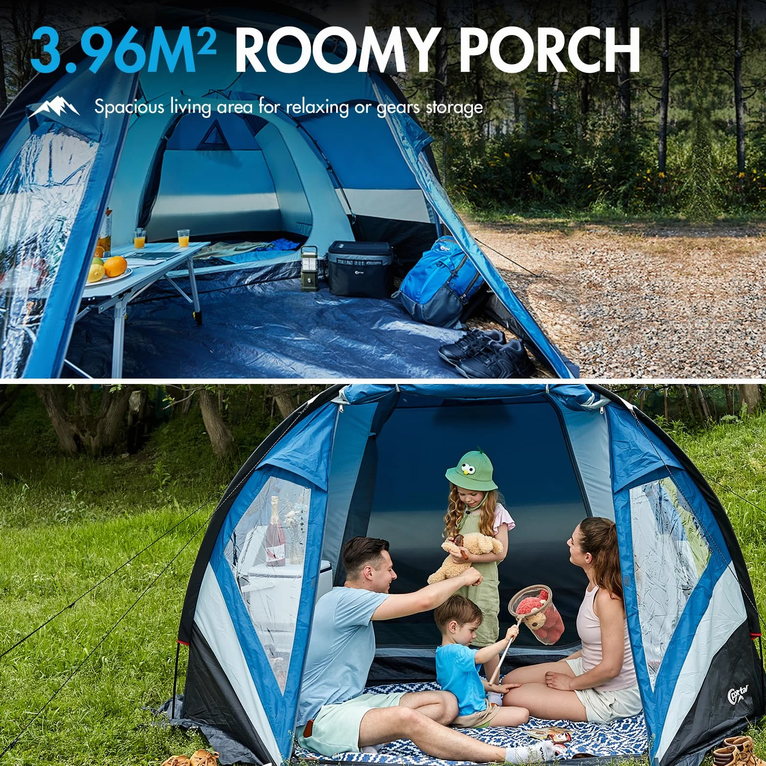 Portal Tienda de campaña para camping, con toldo, 3 – 4 temporadas, grande, 3000 mm, resistente al agua, con puerta lateral, ventana lateral, puerta de pantalla para trekking, exterior, festival, hierro para familias