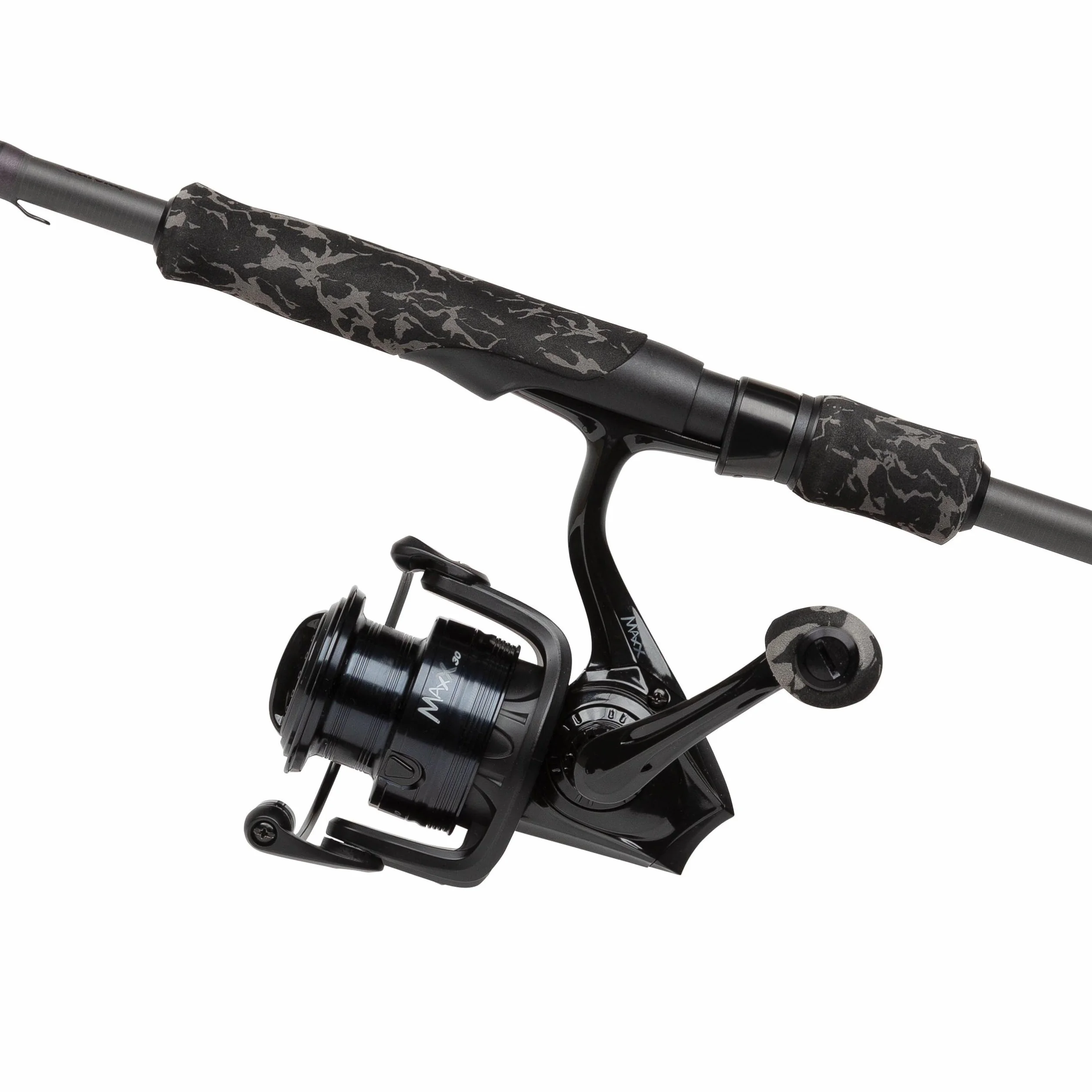Abu Garcia MAX X Black Ops Spinning Combo | Caña y Carrete de Pesca Ligeros para Bass, Lucio y Trucha de Agua Dulce | Duradera | Carrete de Giro para Pescadores precargado| Varios tamaños