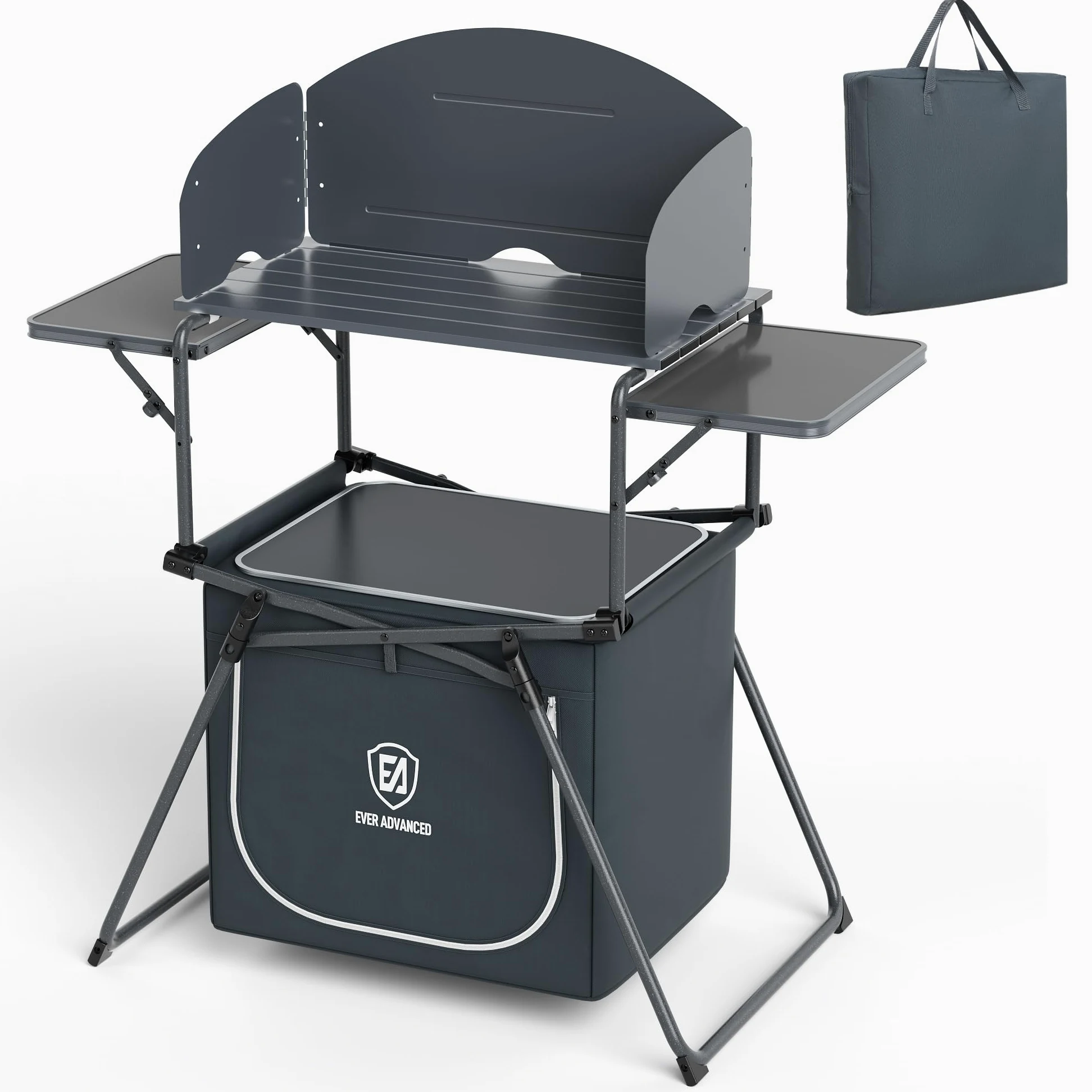 EVER ADVANCED Mesa de camping plegable portátil con bolsa de almacenamiento, mesa de parrilla con parabrisas para cocinar al aire libre, barbacoa, picnic y camping, incluye bolsa de transporte