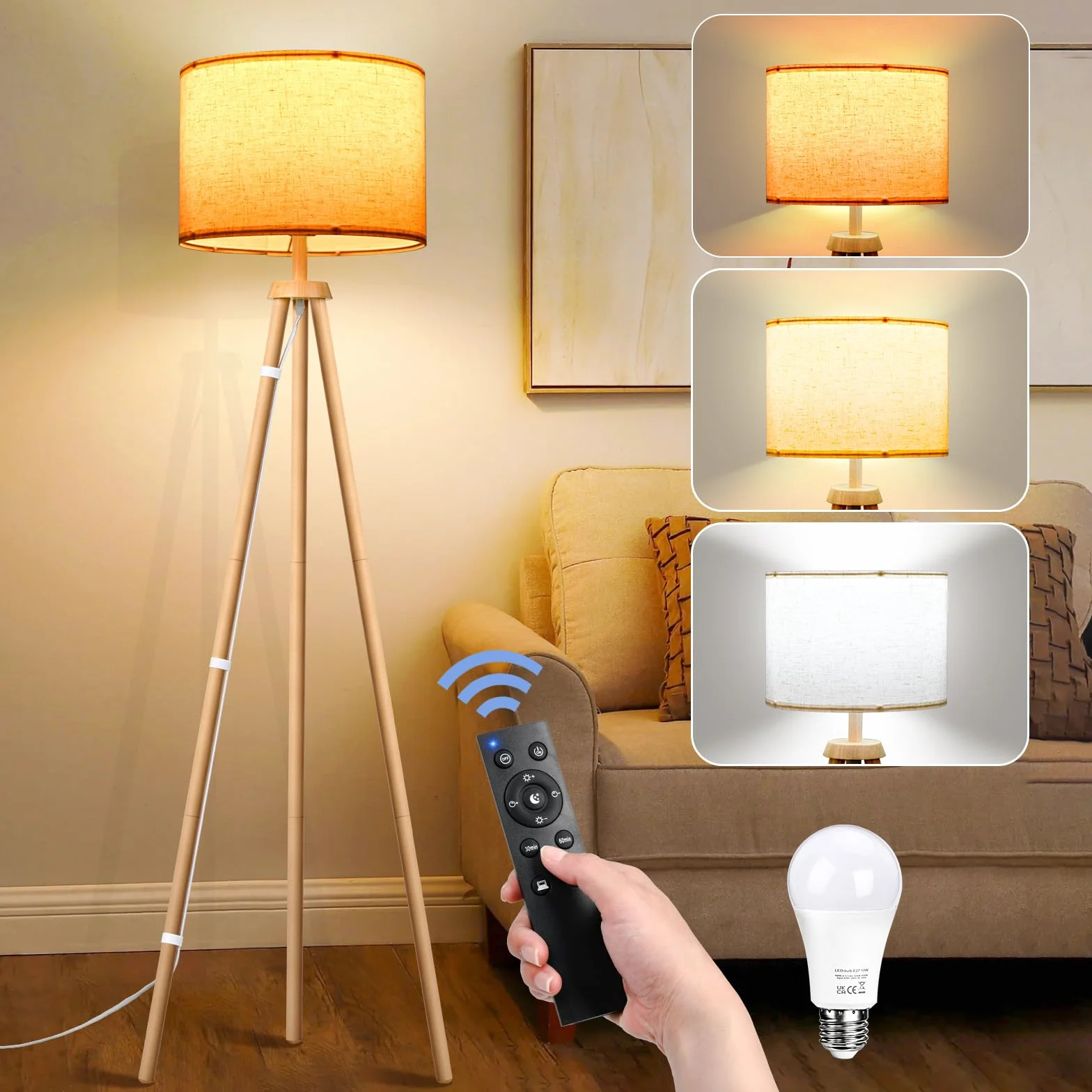 Lámpara de pie Trípode de Madera Regulable E27 12W 3 Colores 3000K-6000K con Control Remoto