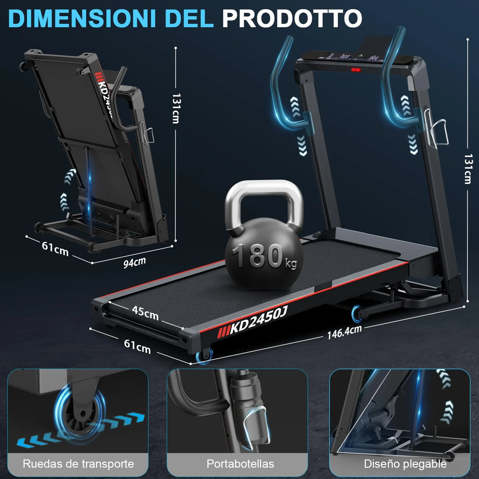Cinta de Correr Plegable Profesional con App, Motor 7 CV 18 km/h, Inclinación Automática 20 Niveles, Máquina de Correr para Gimnasio en Casa, Carga 180 kg, Bluetooth, Silenciosa, Pantalla LED