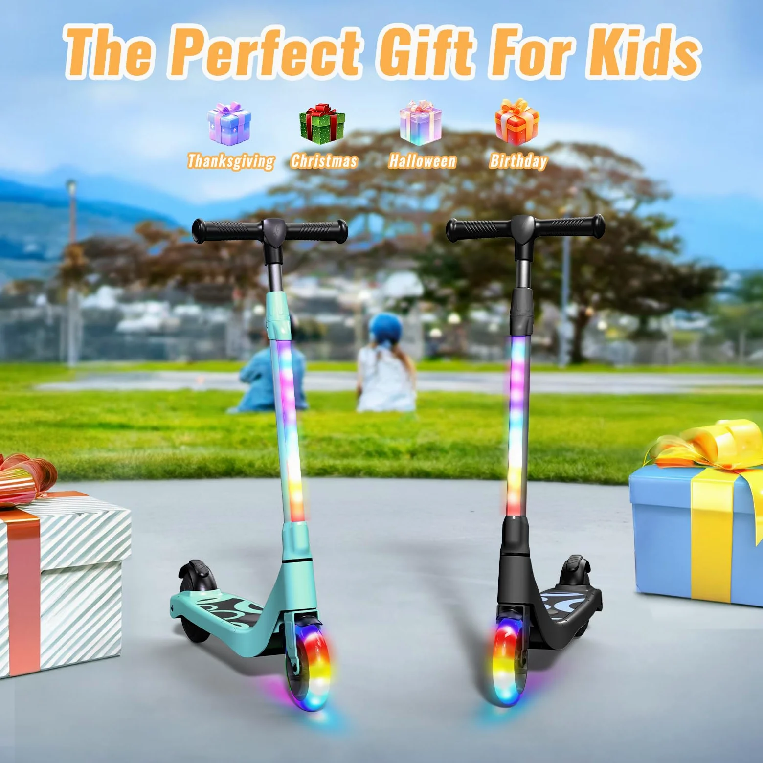 TST Patinete Eléctrico para Niños de 6 a 10 años, con Luces LED, Patinetes Niño con 3 Niveles de Ajuste, Scooter Eléctrico Niños con Ruedas de 5,3" y una Velocidad Máxi 10 km/h y una Carga Máxi 70 kg