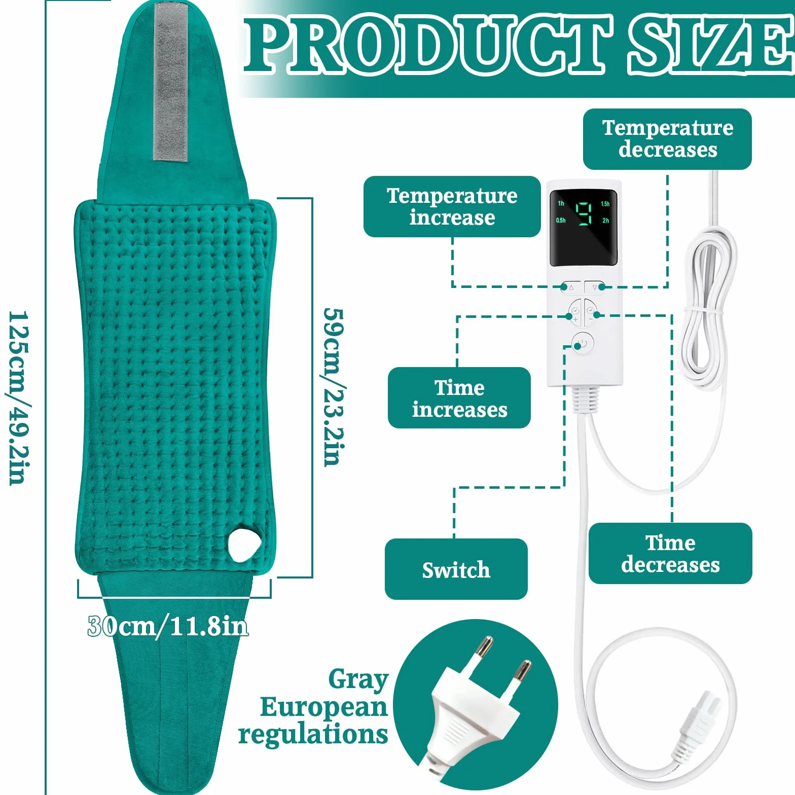Manta Eléctrica Lumbar 125x30cm 9 Niveles de Temperatura Apagado Automático Lavable Almohadilla Térmica