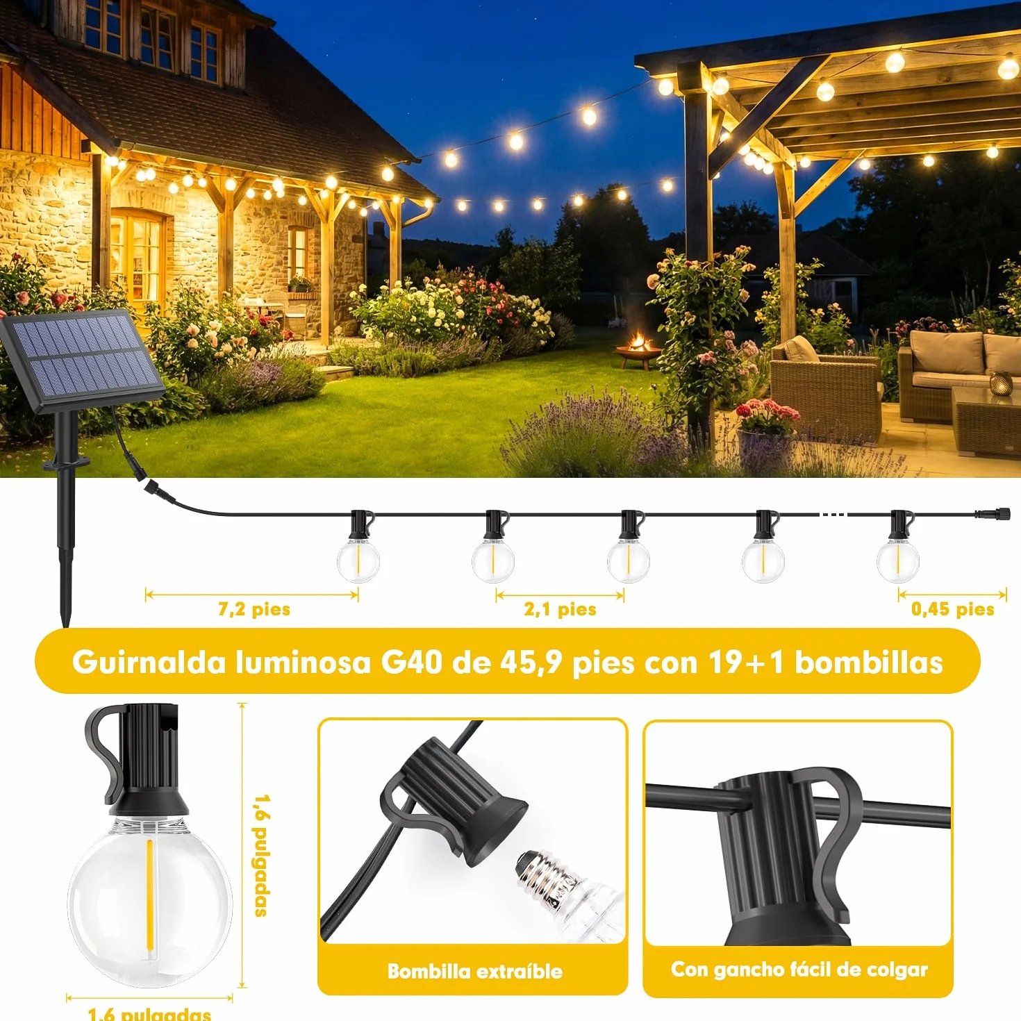 Warlisou Guirnaldas Luces Exterior Jardin Solar G40 45.9ft Led Blub 14M Lámparas Solares de Jardín Control Remoto Impermeable
