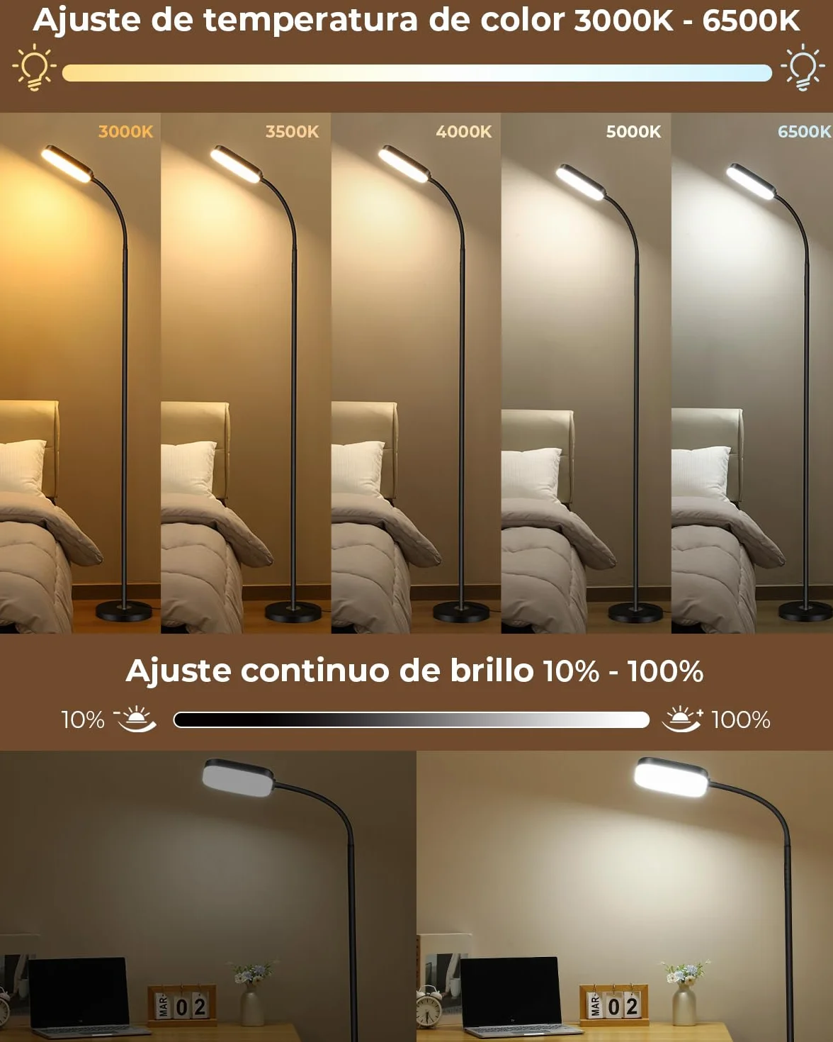 Lámpara de pie LED regulable 18W 1850 lm con mando a distancia 3000–6500K para salón
