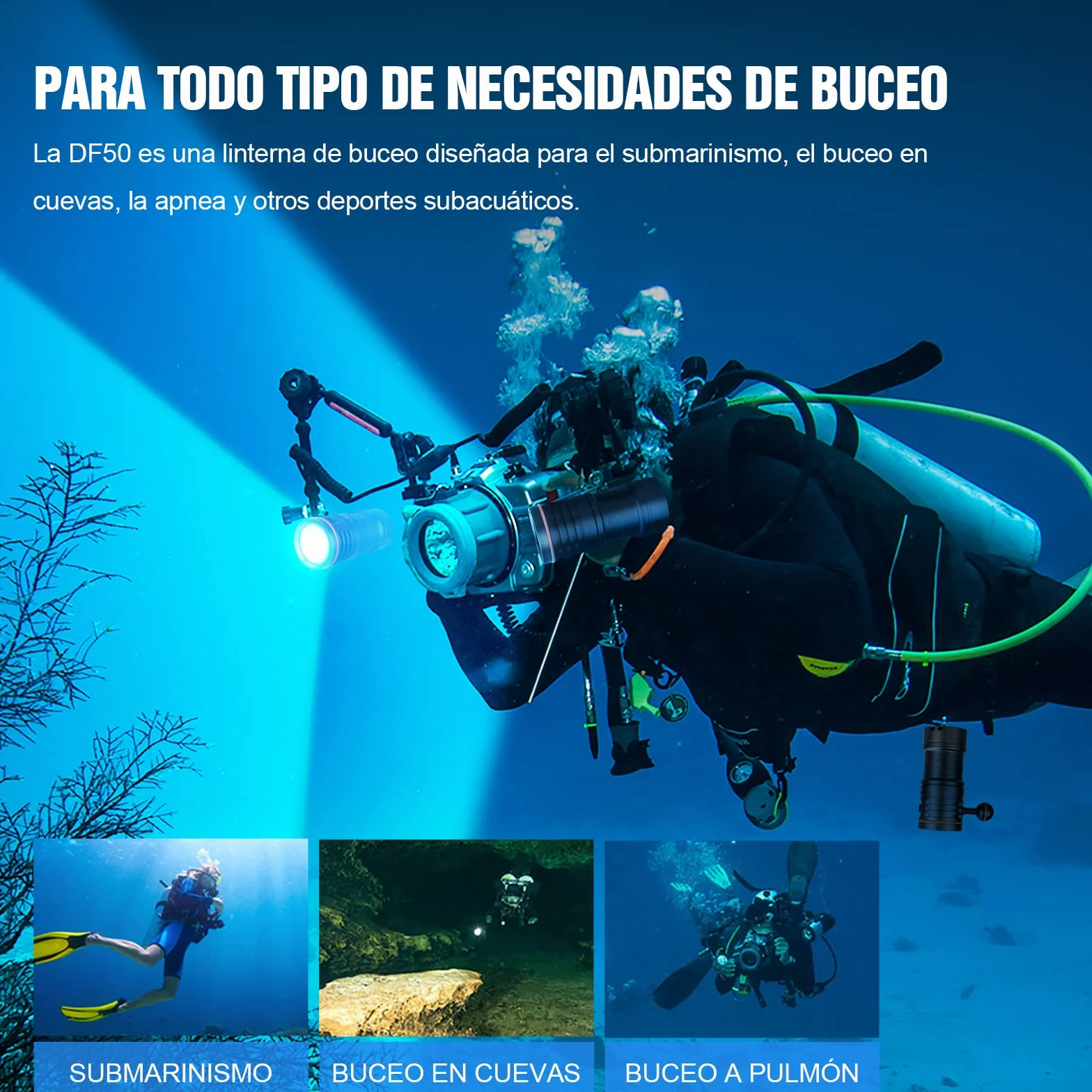 Linterna de Buceo, TrustFire DF50 Kit Antorcha de Buceo Recargable 6500 Lúmenes, Linterna Sumergible 70M Impermeable, 3 Tipos Diferentes de Iluminación（Luz de Blanca, UV, Roja）
