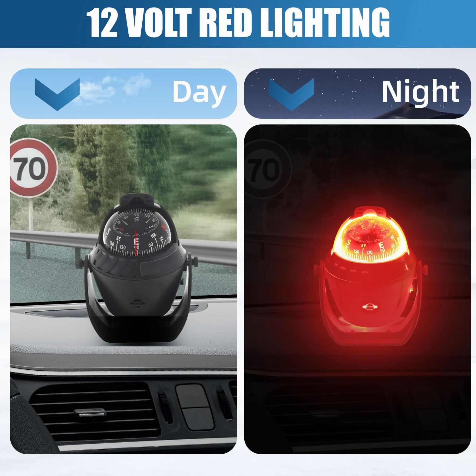 Riloer Brújula de navegación para coche, barco, brújula de navegación ABS de alta precisión con luz LED, impermeable para coche, barco, viajes al aire libre, senderismo, montañismo