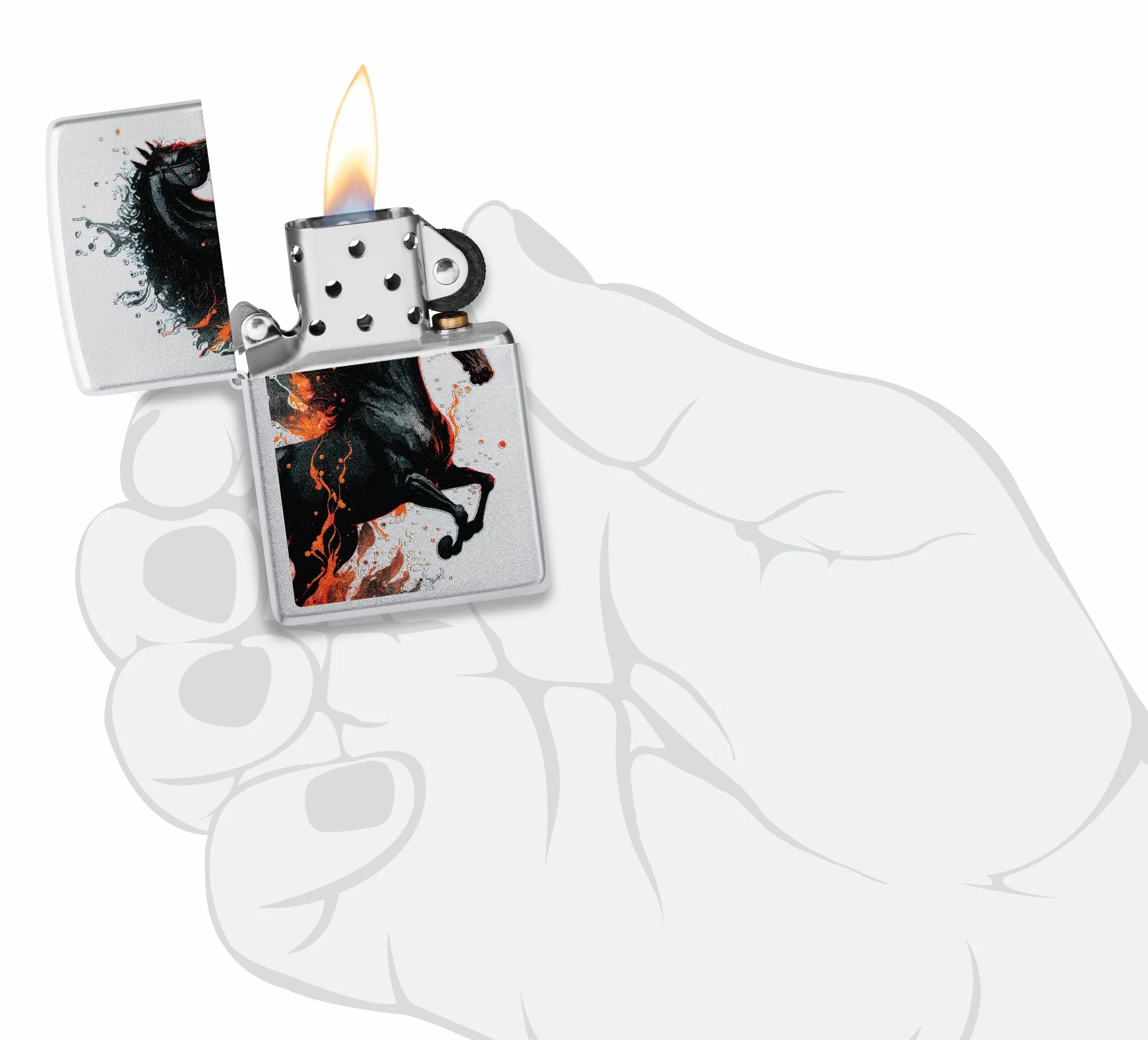 Zippo Fire Horse Windproof Lighter Satin Chrome Color Image Rechargeable Reusable Gift Box Made in USA
