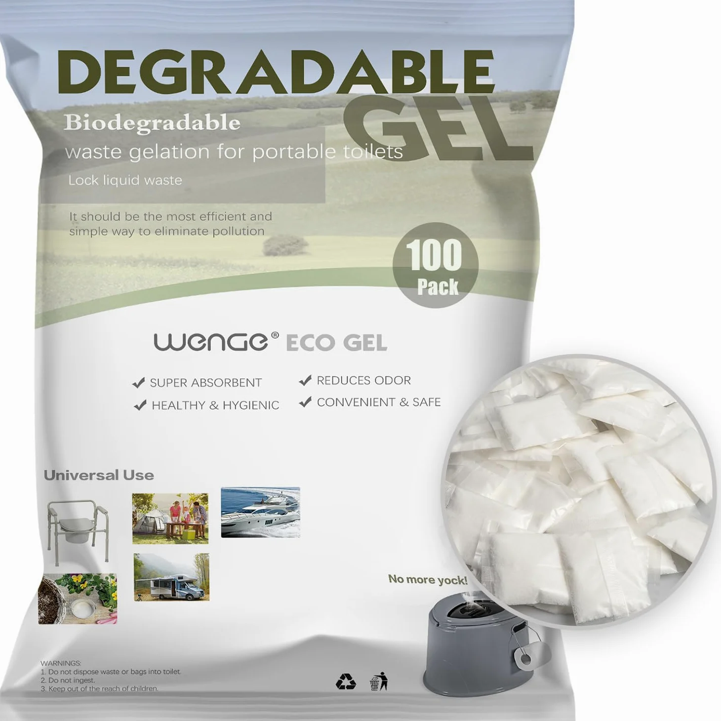 Wenge Gel de caca para inodoro portátil para camping, paquete de 100 unidades de orina súper absorbente, solidificante, polvo desodorizante y gelificante de residuos líquidos, gel ecológico para