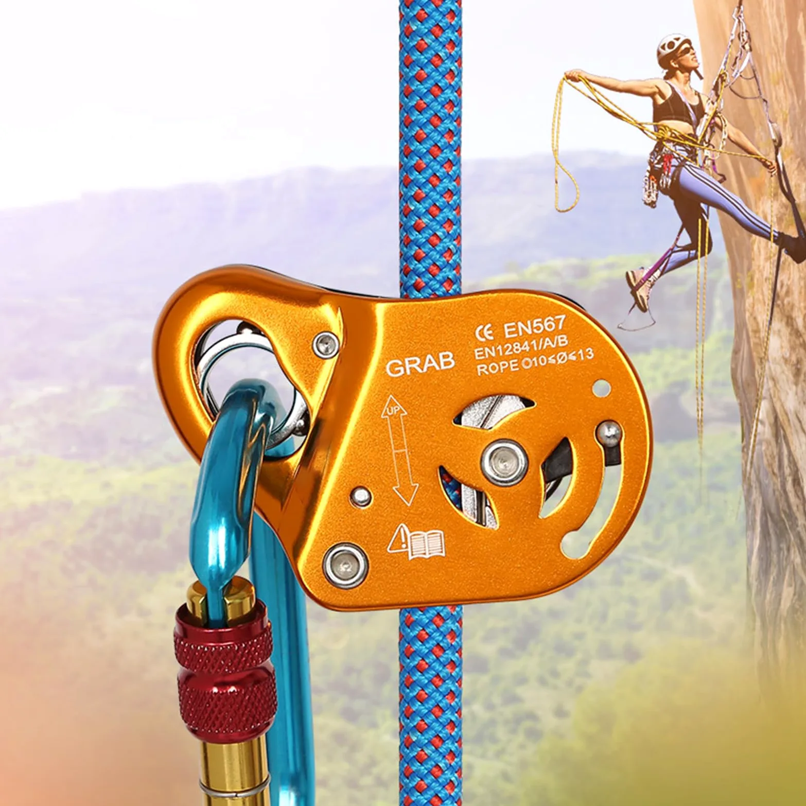 Fuerte soporte de cuerda de metal, dispositivo de seguridad de caída, textura de aleación de aluminio, adecuado para escalada de montaña segura y eficiente, mosquetón de bloqueo automático