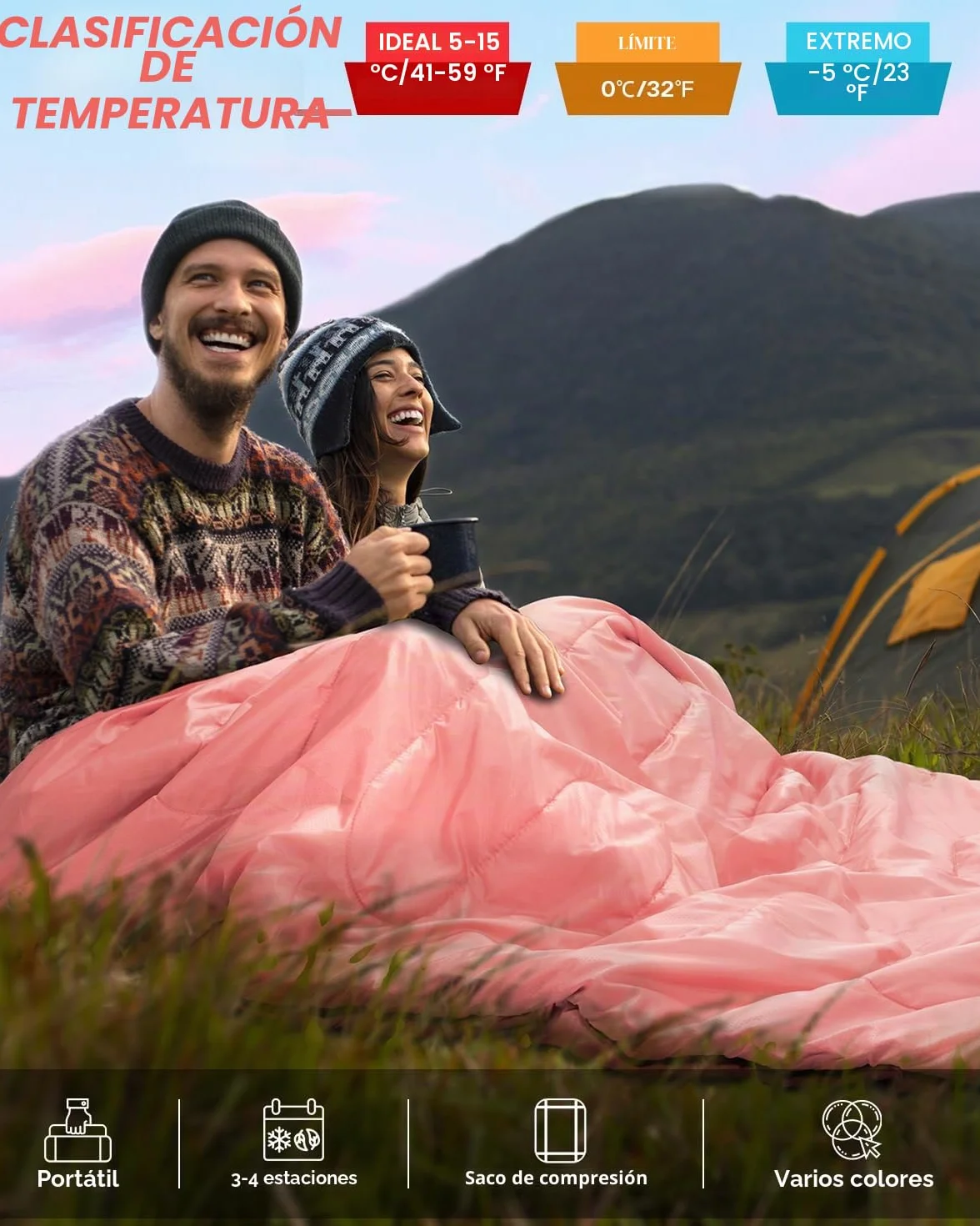Sportneer - Saco de Dormir Doble para Exteriores, 2 Personas, 3 Estaciones, 220 x 150 cm, 2,75 kg con 2 Almohadas, Cuatro Cremalleras Dobles, para Adultos