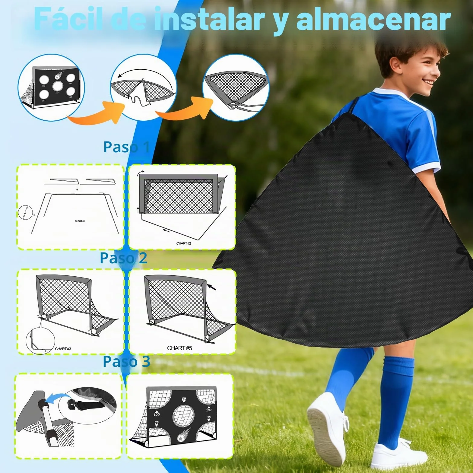 Portería de fútbol 3 en 1 para niños, red 150x120 cm, postes de jardín con 2 telas intercambiables y pelota, bolsa de transporte
