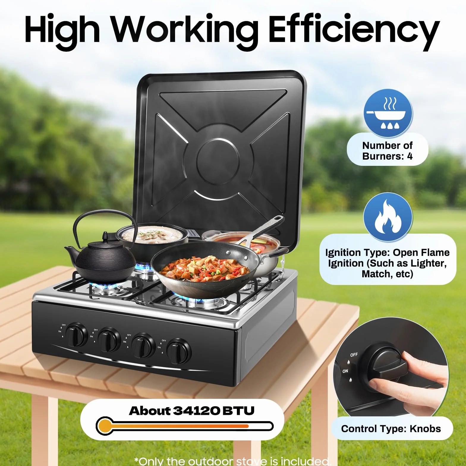 Hornillo de gas para camping de 2,5 kW, 5 quemadores con placa de gas, para interior de camping, estufa de gas, portátil, para bombona de gas (4 quemadores, negro)