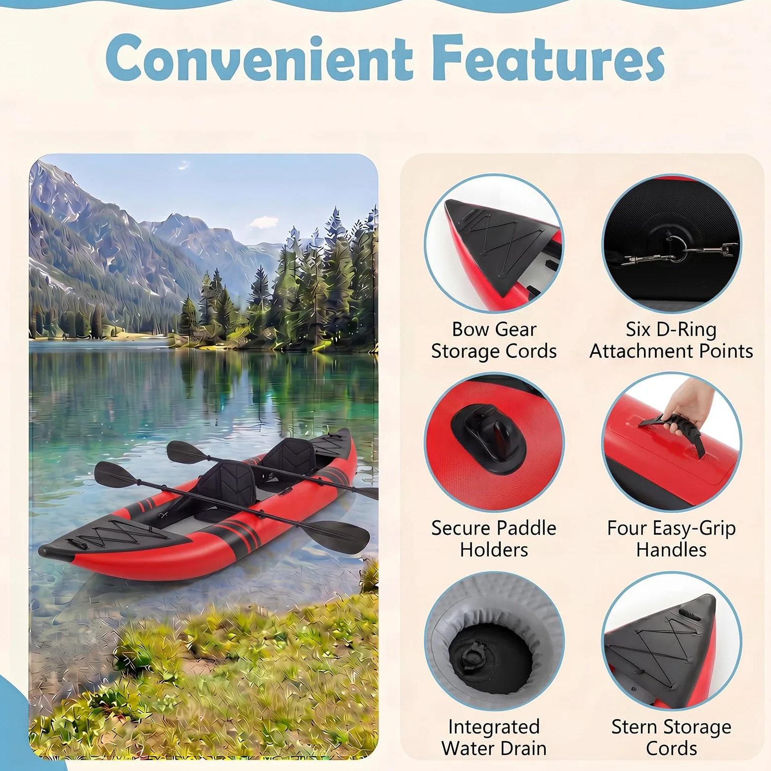 GYMAX Kayak Inflable, Kayak tándem de 12.5 pies y 230 kg con 2 paletas de Aluminio, 2 Asientos Acolchados, reposapiés, 2 Aletas, Bomba de Mano, Bolsa de Transporte y Kit de reparación, Kayak de Pesca