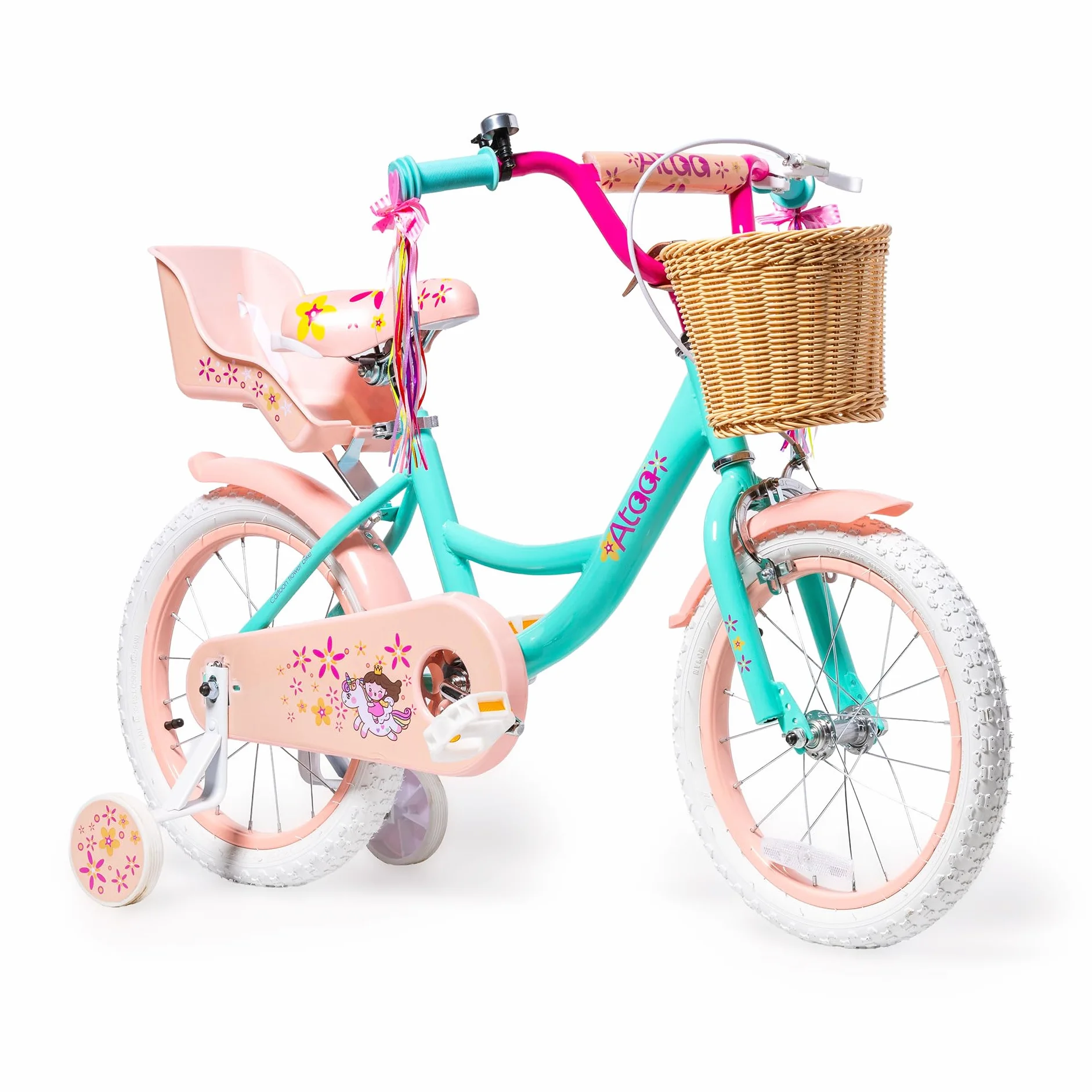 ATAA Bicicleta Infantil Kitty 12 y 16 Pulgadas con Ruedines Desmontables Cesta y Serpentinas Bicicleta para Niñas con Frenos Reflectores y Cuadro de Acero