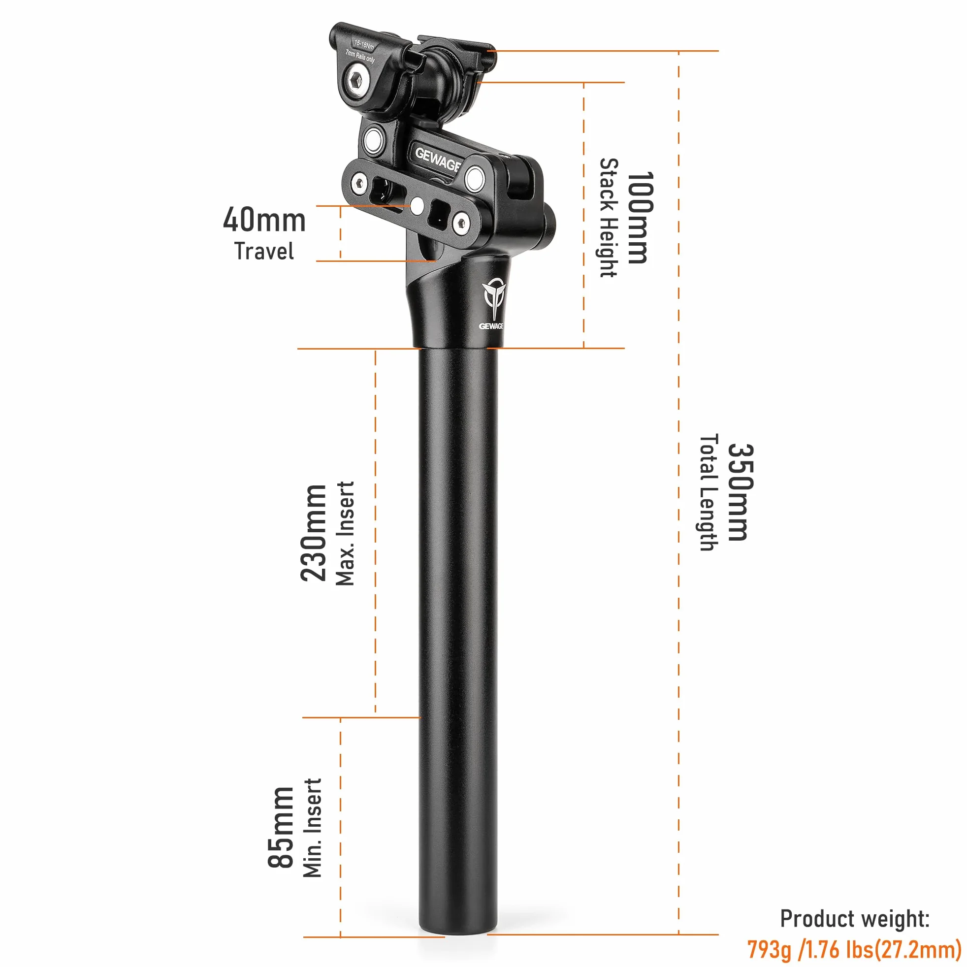 GEWAGE Tija de Sillín con Suspensión 350 mm, Paralelogramo, 40 mm (⌀31.6mm) | Suspensión de paralelogramo, aluminio 6061-T6, 40 mm, para 50–150 kg; e-bike, trekking, MTB y bicicleta urbana.