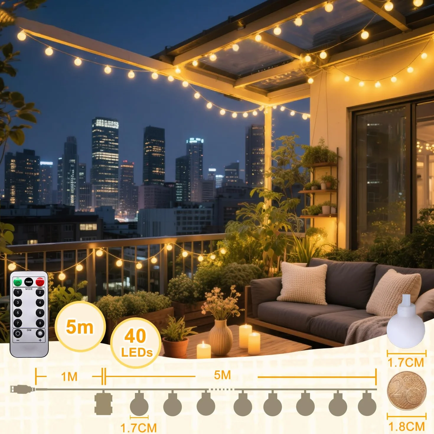 Taiyongkang Guirnalda Luces 6M 40LED Luces de Cadena USB Pilas 8 Modos Control Remoto Temporizador Decorativas Interior Exterior