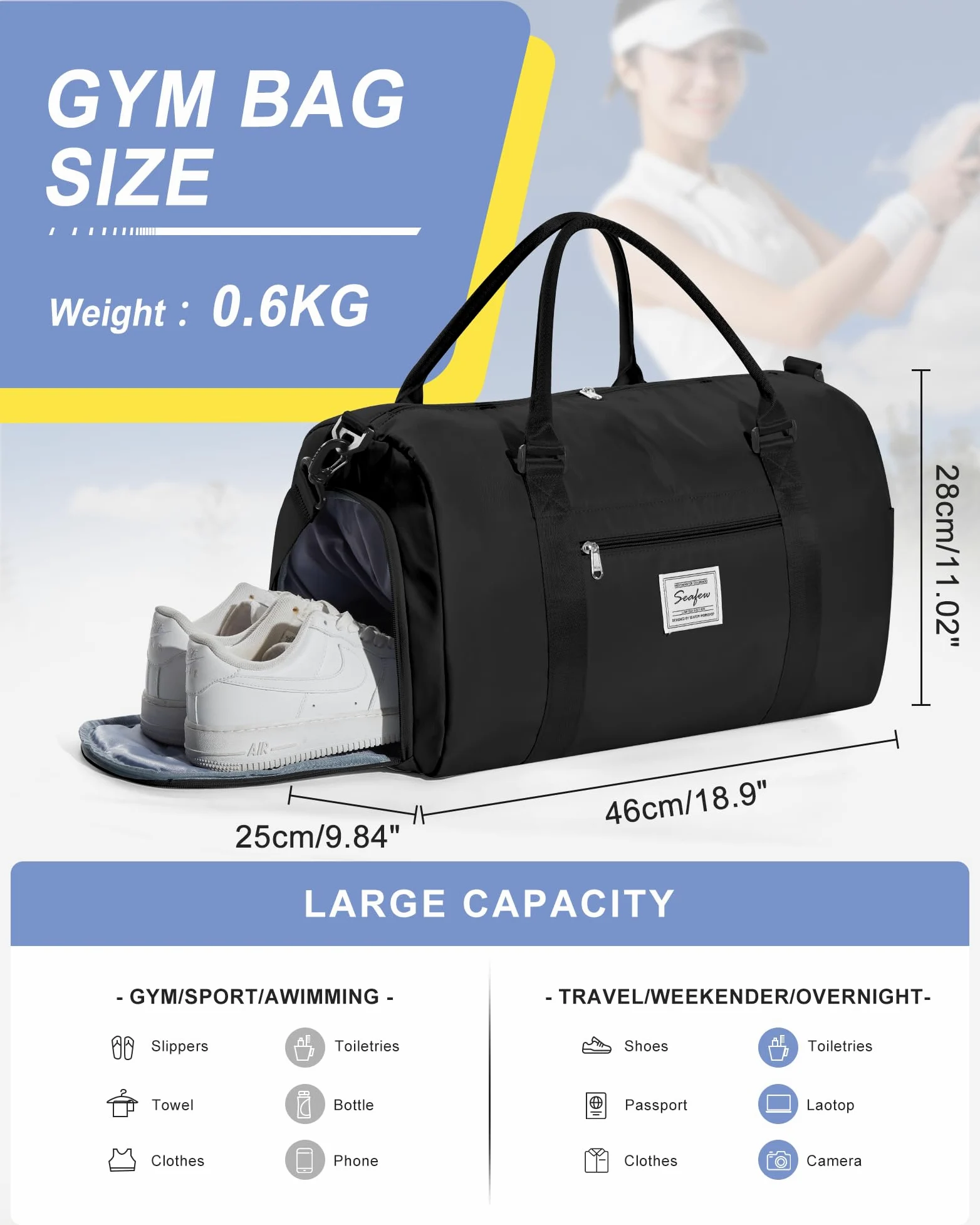 Bolsa de Viaje, Color Negro, Black, Bolsa de Gimnasio