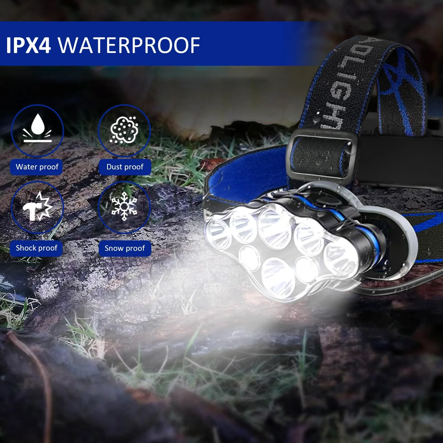 Linterna frontal recargable, 8 LED de 18000 lúmenes, súper brillante, impermeable, con luces rojas, 8 modos de luz, lámpara de cabeza para luz de emergencia al aire libre, pesca, senderismo,