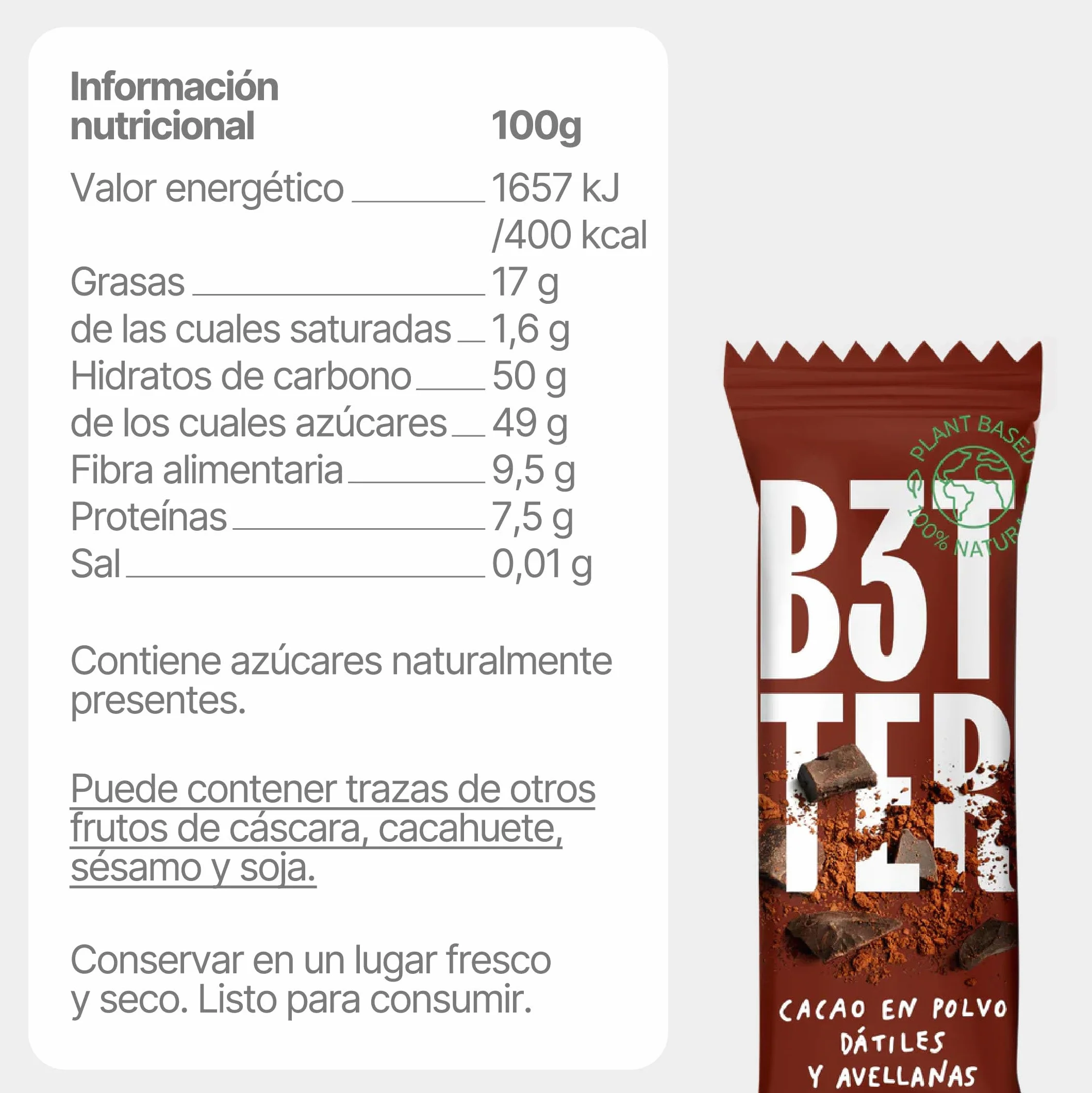 Barritas Proteina B3TTER Cacao 100% Naturales Sin Azúcar Añadido Pack 15 Unidades Alto Contenido en Fibra y Proteinas Sin Gluten