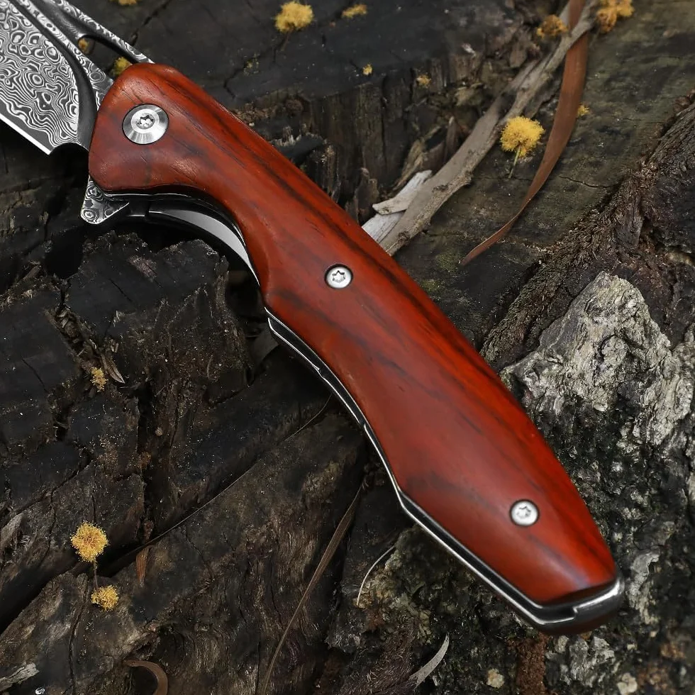 DRACHENADER La navaja de bolsillo plegable de Damasco clip, núcleo de acero VG10 y mango de madera es versátil, fácil de usar y la compañera perfecta para acampar al aire libre.
