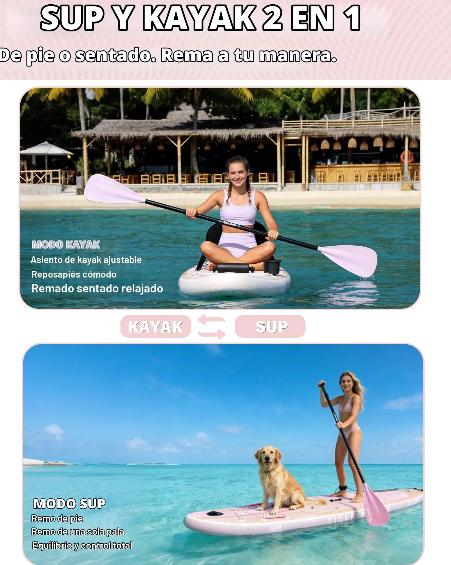 TIGERXBANG Tabla Paddle Surf Hinchable, Stand Up Paddle Board para Adultos/niños, Kit Completo de Surf ISUP, Rosa/Verde