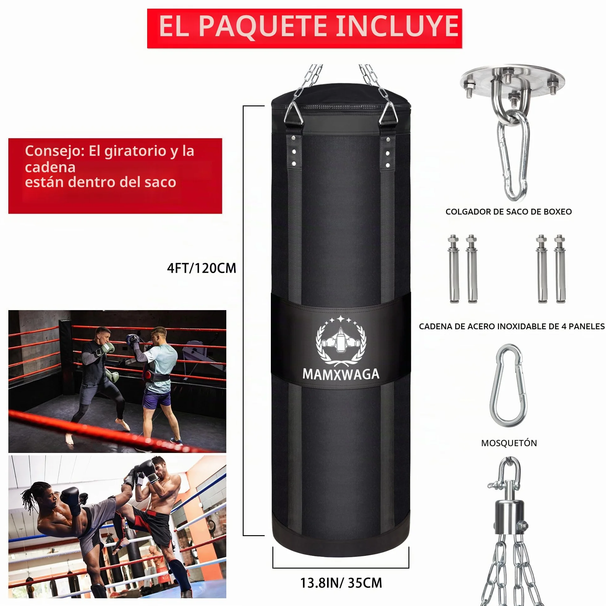 Saco de Boxeo para Adultos 120 cm Colgante Anti-Swing con Rotador Carga Máxima 80KG