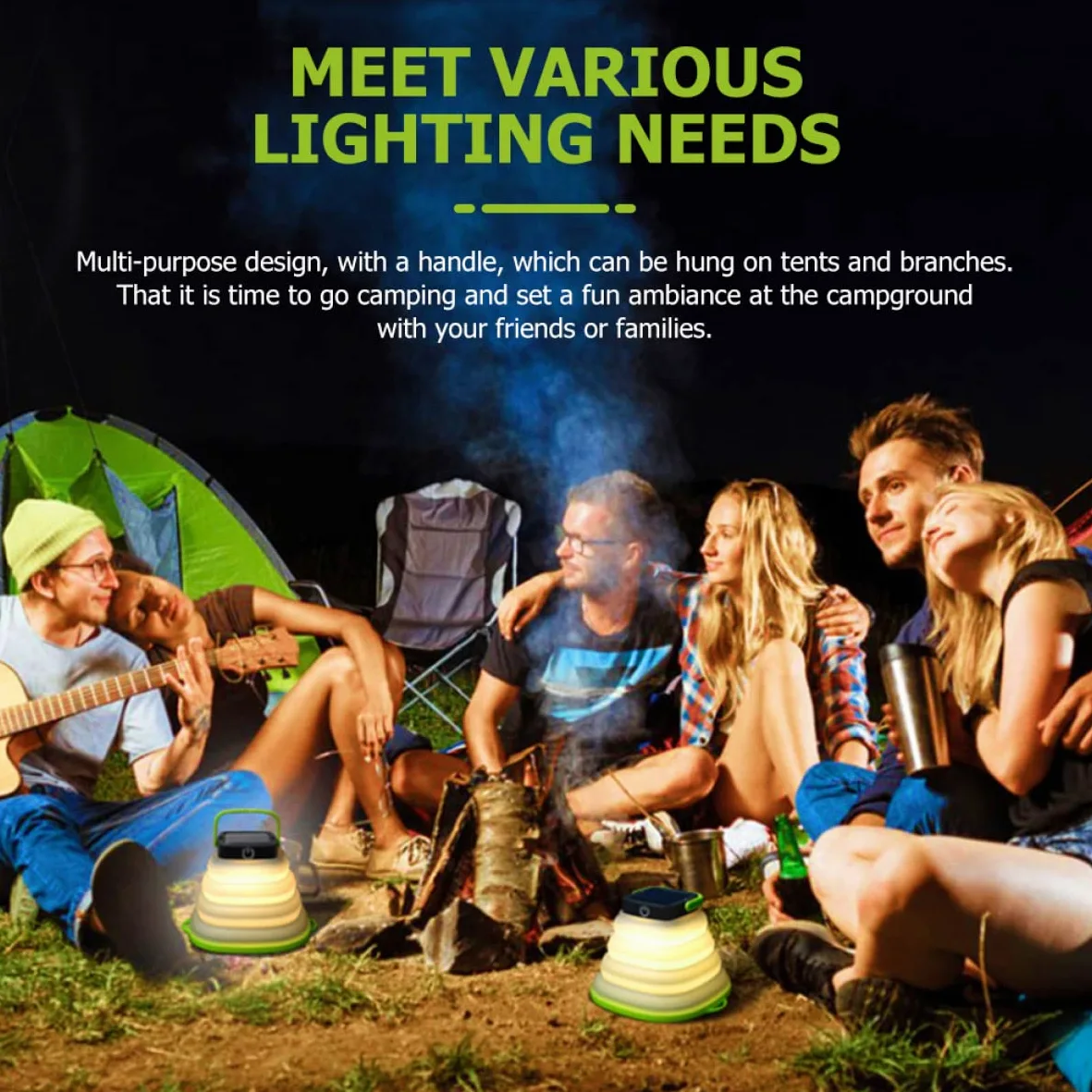 Linterna de camping, 5 piezas de respaldo y colgante al aire libre con tienda portátil, luz plegable, lámpara de linterna, batería USB, kit de camping LED de emergencia, campamento solar, viaje, negro