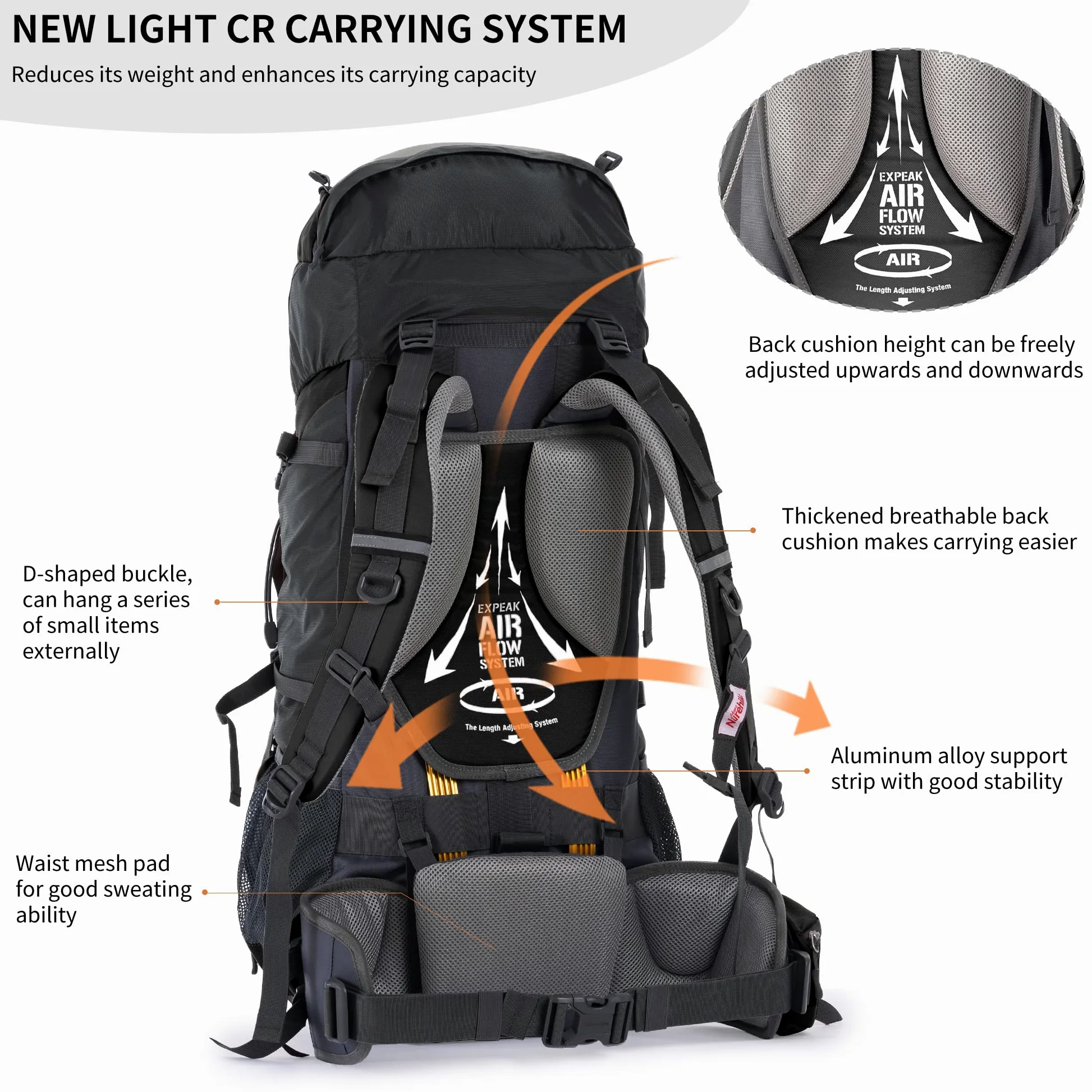 Naturehike Mochila de Senderismo 70L Hombres Mujeres Trekking Mochila Ultraligero Impermeable Mochila Grande Mochila de Viaje con Raincover para al Aire Libre, Montañismo,Camping (Negro)