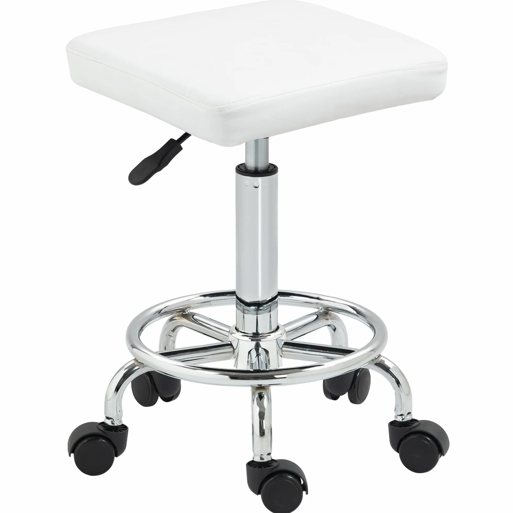 HOMCOM Taburete Giratorio con Ruedas Altura Regulable 50-66 cm Asiento Tapizado Cuero Sintético Blanco