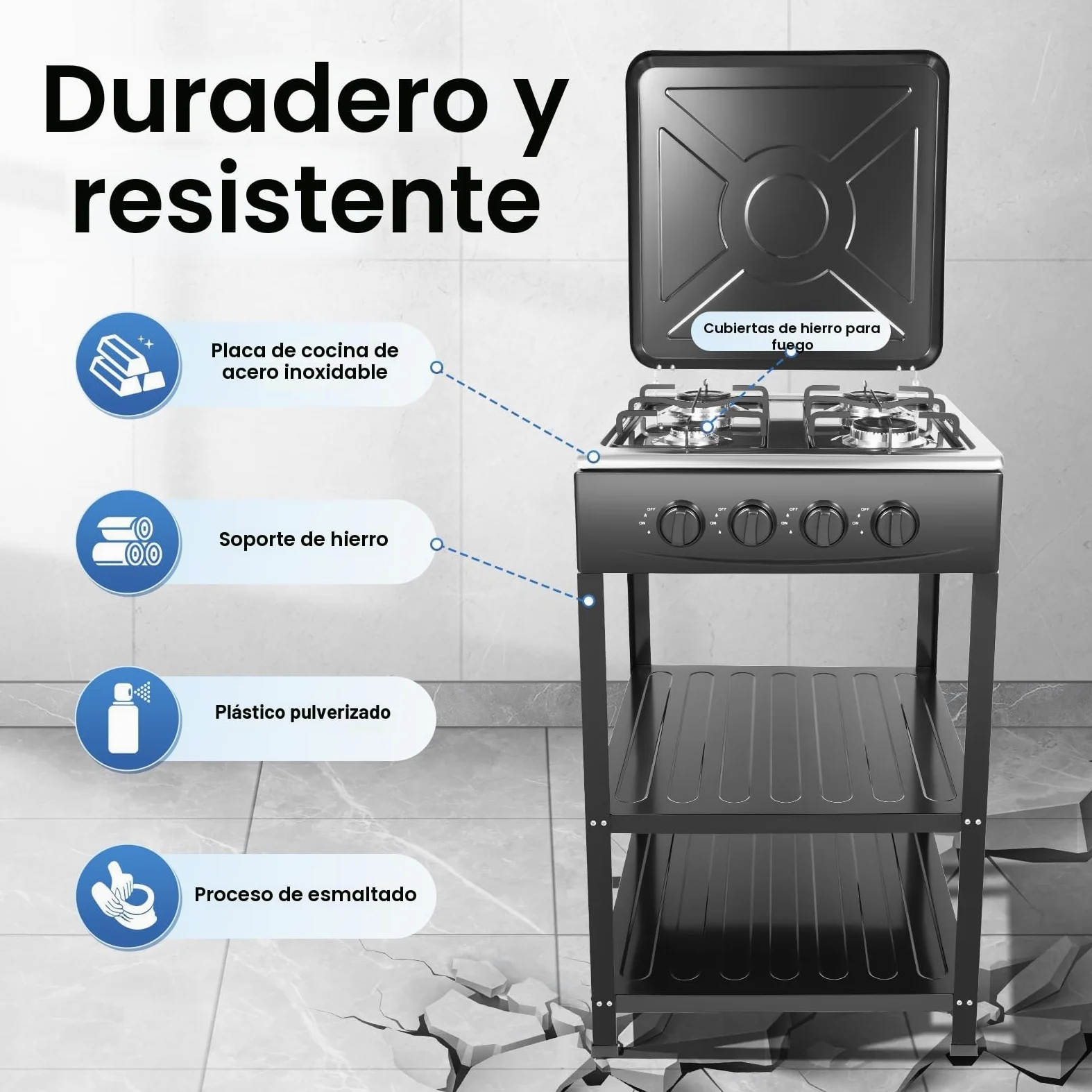 Cocina de Gas Natural de 4 Quemadores, Estufa de Gas Independiente con Doble Estante, para Camping o Actividades Familiares al Aire Libre, 49 x 49 x 79 cm