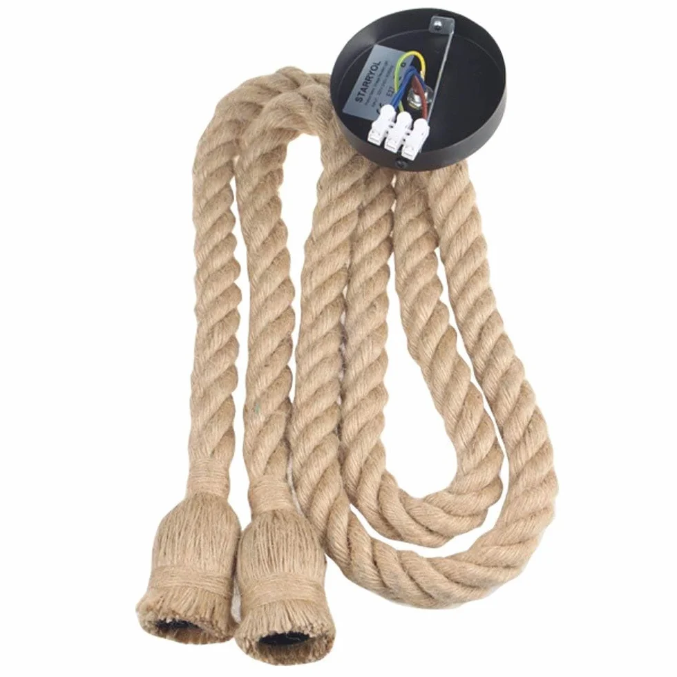 Lámpara colgante industrial STARRYOL, cuerda de cáñamo, doble cabezal, 60+60 cm