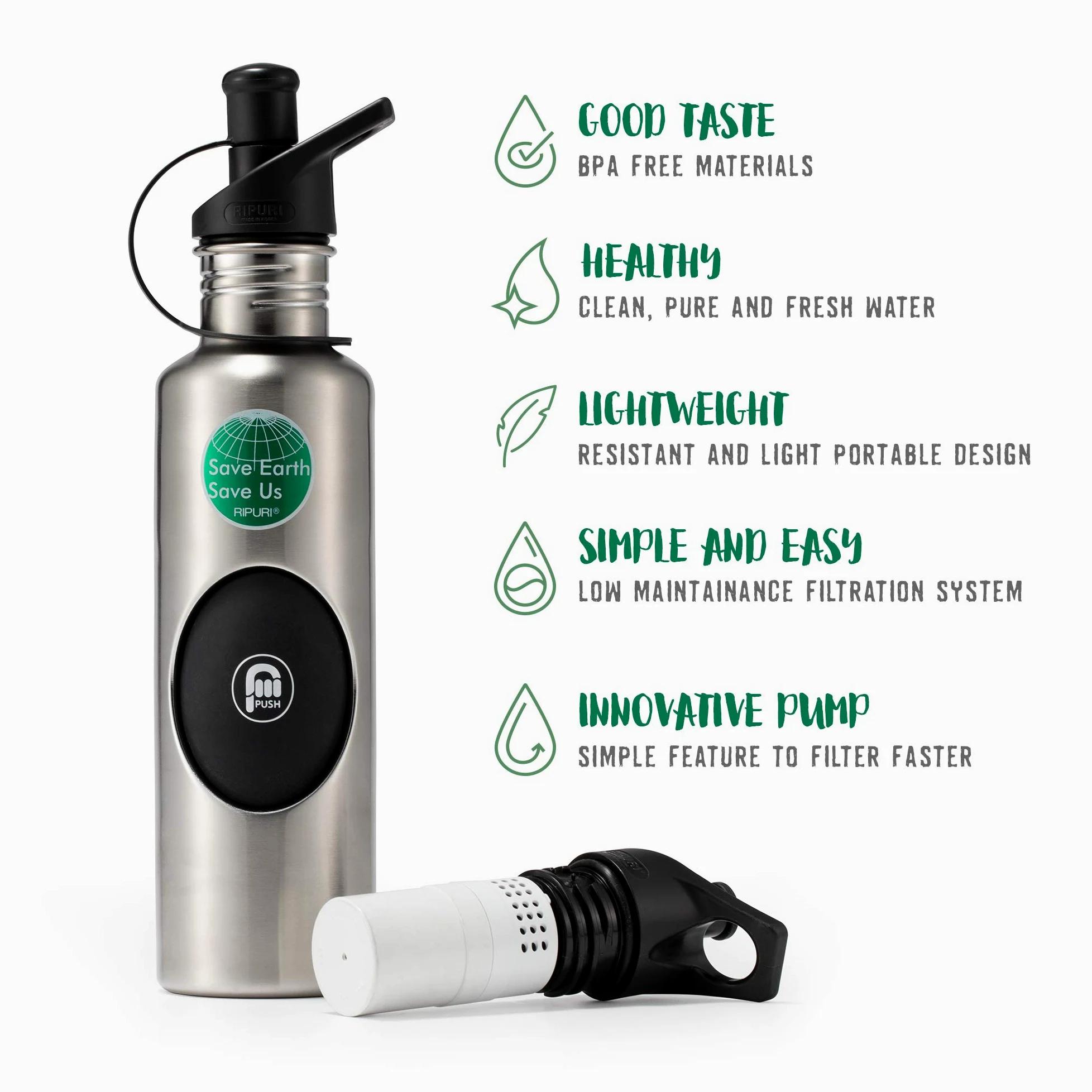 agua filtrada botella con bomba de aire para fácil para beber (incluye 1 filtro + 1 tapa), sin BPA, acero inoxidable, 27 g