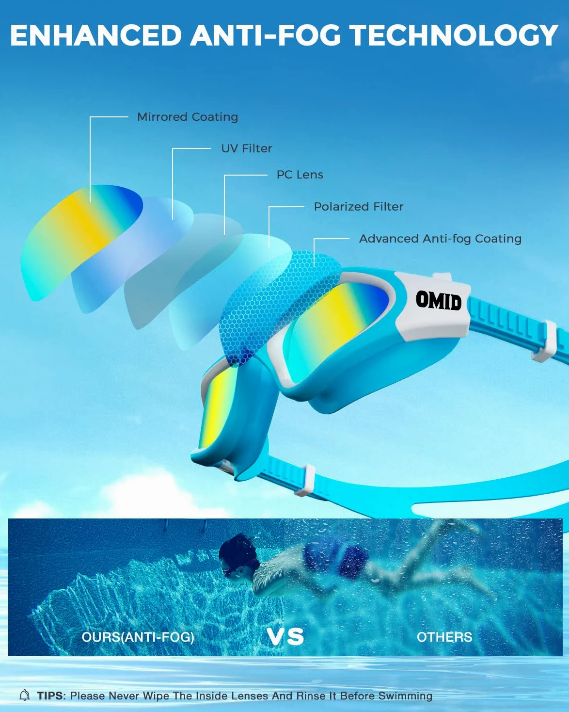 OMID - Gafas de natación para niños, 2 paquetes P2, cómodas polarizadas, unisex, antiempañamiento, sin fugas, para niños con protección UV de 6 a 14 años (azul dorado y negroazul)