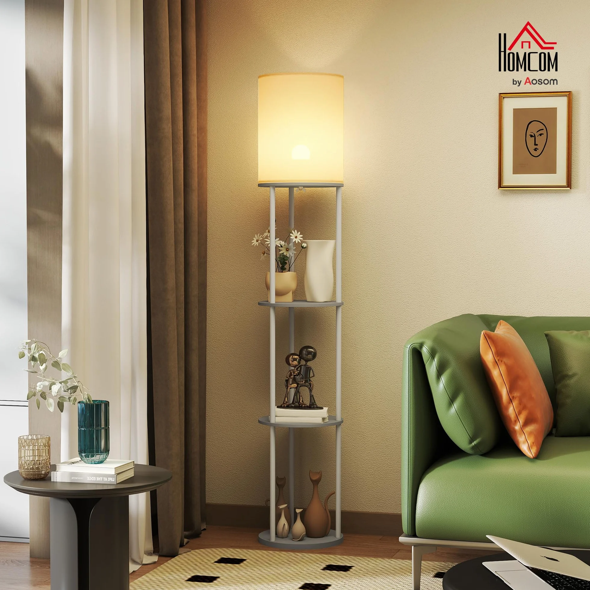 HOMCOM Lámpara de Pie con Estantes, 3 Temperaturas de Color, Control Remoto, Gris