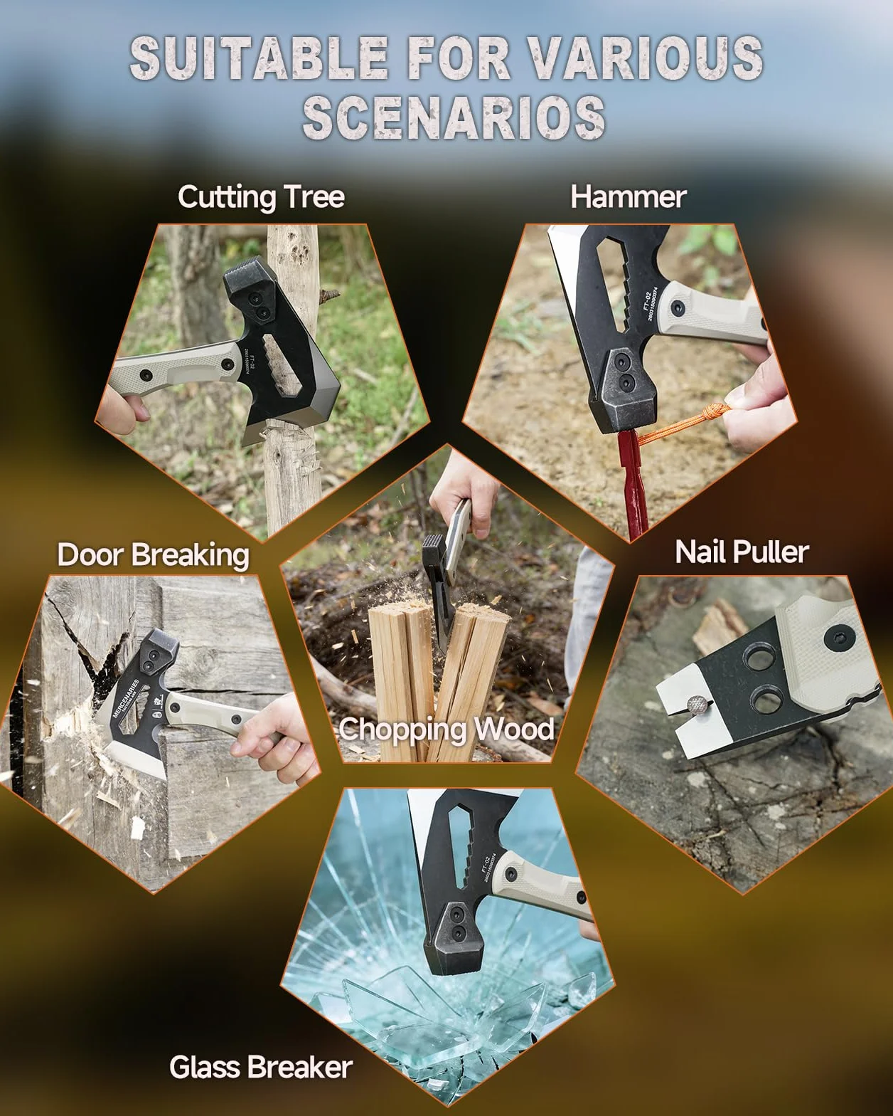 HX OUTDOORS Hacha Multifuncional, Hacha De Supervivencia Y Acampada, Hacha De Bushcraft De Acero Inoxidable con Hoja De Hacha Y Mango G10, con Martillo, Punta Hexagonal Y Extractor De Clavos