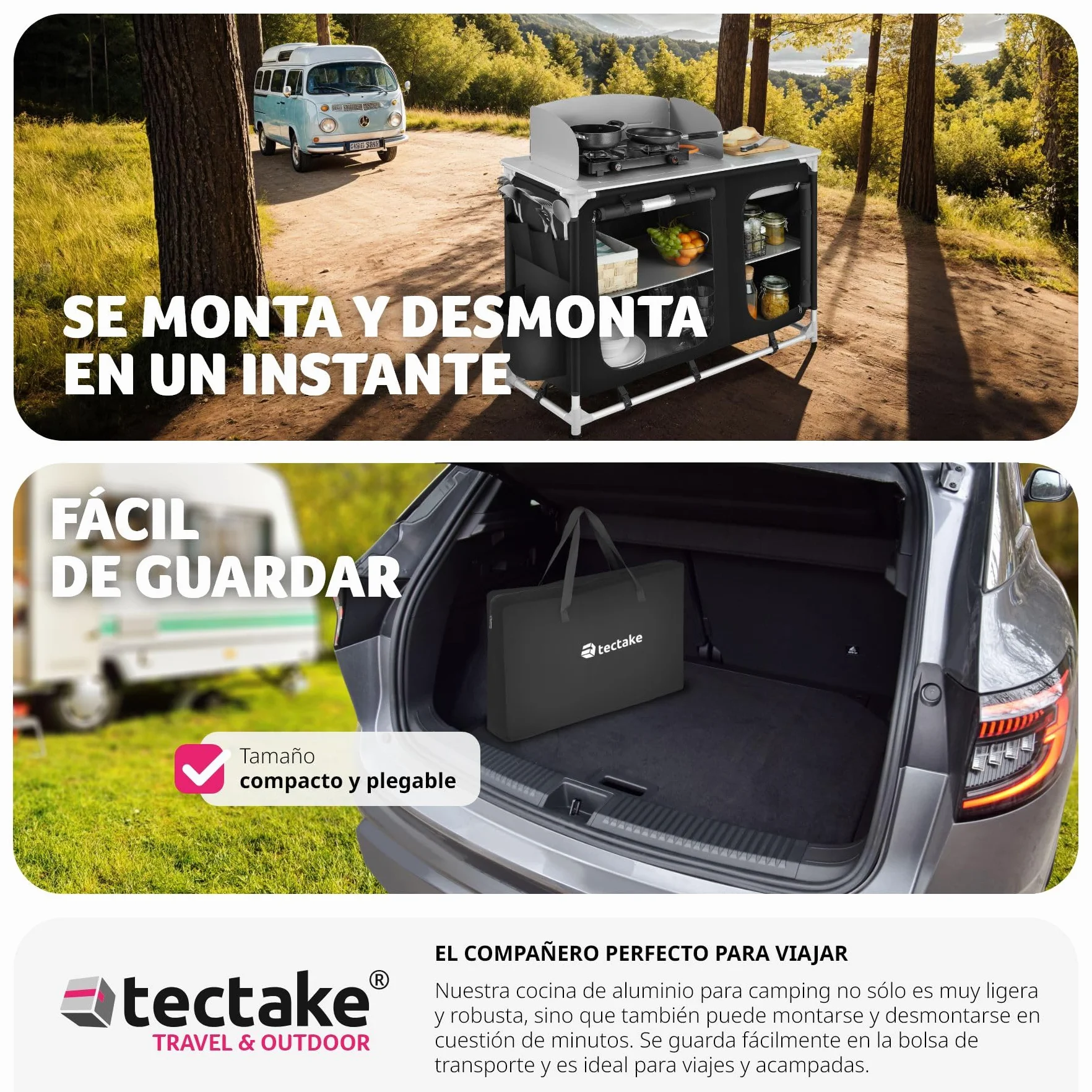 tectake® Cocina de Camping Plegable, Ligera, con Bolsa de Transporte, Accesorios de Cocina, Mesa Plegable Camping, Estructura de Aluminio - Negro