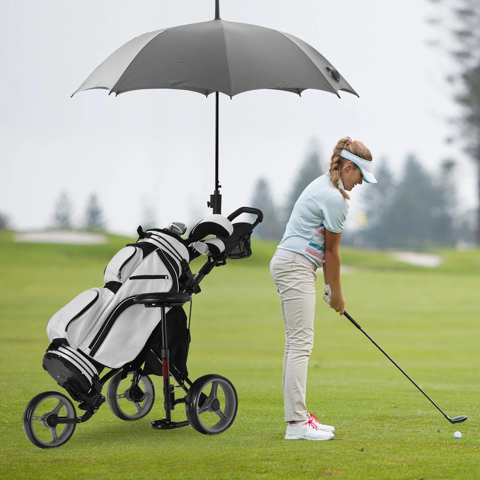 COSTWAY Carro de Golf Plegable 3 Ruedas con Altura Regulable, Asiento, Porta Paraguas y Bebidas