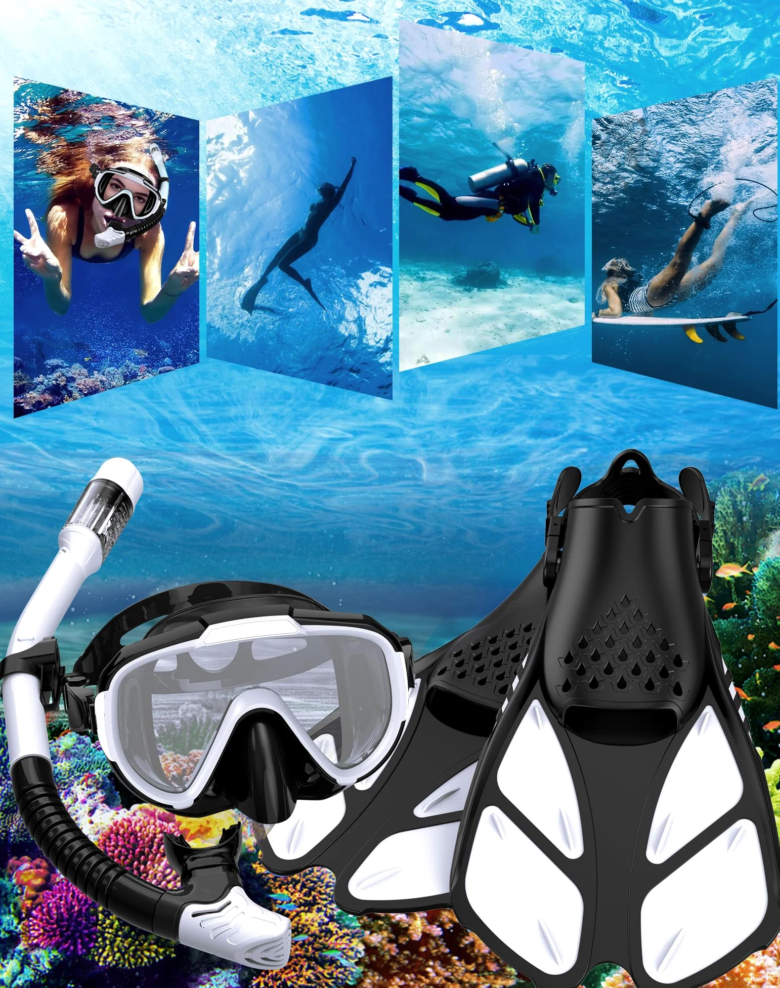 Ubekezele Equipo de esnórquel para adultos, hombres y mujeres, juego de esnórquel 4 en 1 con máscara de buceo de vista panorámica, antivaho, antifugas, esnórquel seco, aletas y bolsa de viaje para