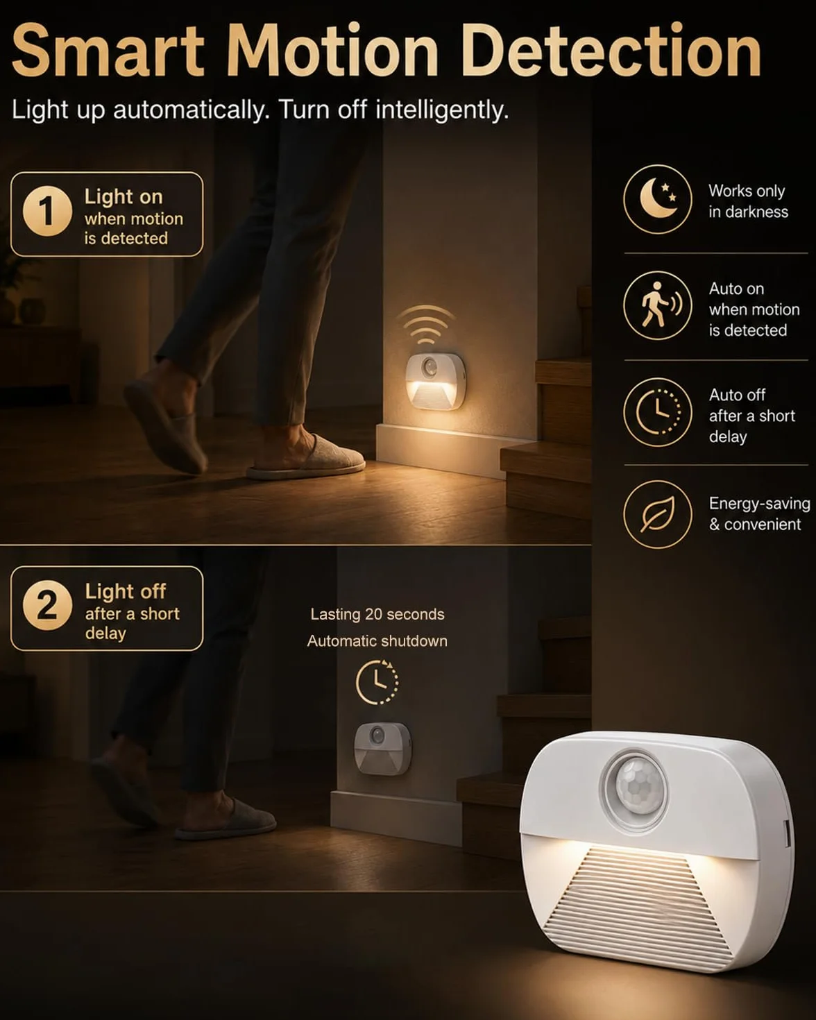 Luz nocturna LED con detector de movimiento, 4 unidades, funciona con pilas, interior para escaleras y pasillo