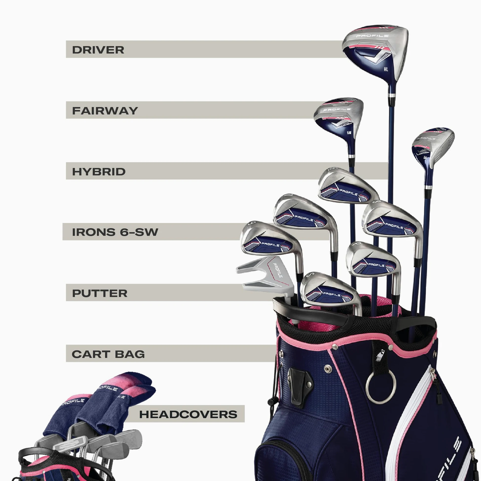 Wilson Profile Set Completo de Palos de Golf, Distancia Optimizada y Diseño para Mujer, Diestro, Color: Azul Marino/Oro Rosa/Plateado, Tamaño: Estándar