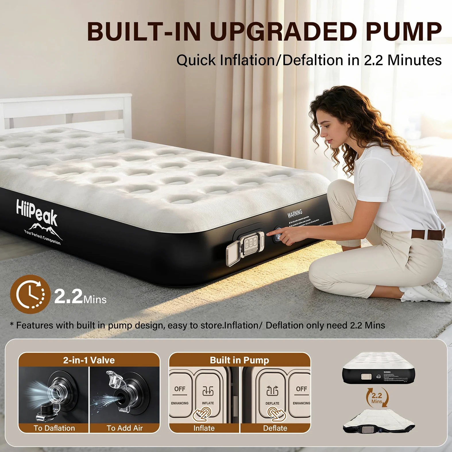 HiiPeak Colchón de aire individual de lujo con bomba integrada, cubrecolchón de gamuza suave para una comodidad superior, colchón inflable, cama de aire portátil para camping, invitados y hogar