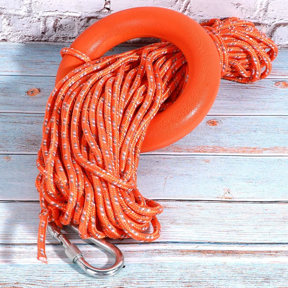 Cuerda Salvavidas Reflectante de PVC de 6MM de Diámetro y 30M con Anillos de Gancho, Equipo Salvavidas para Rescate en Piscinas
