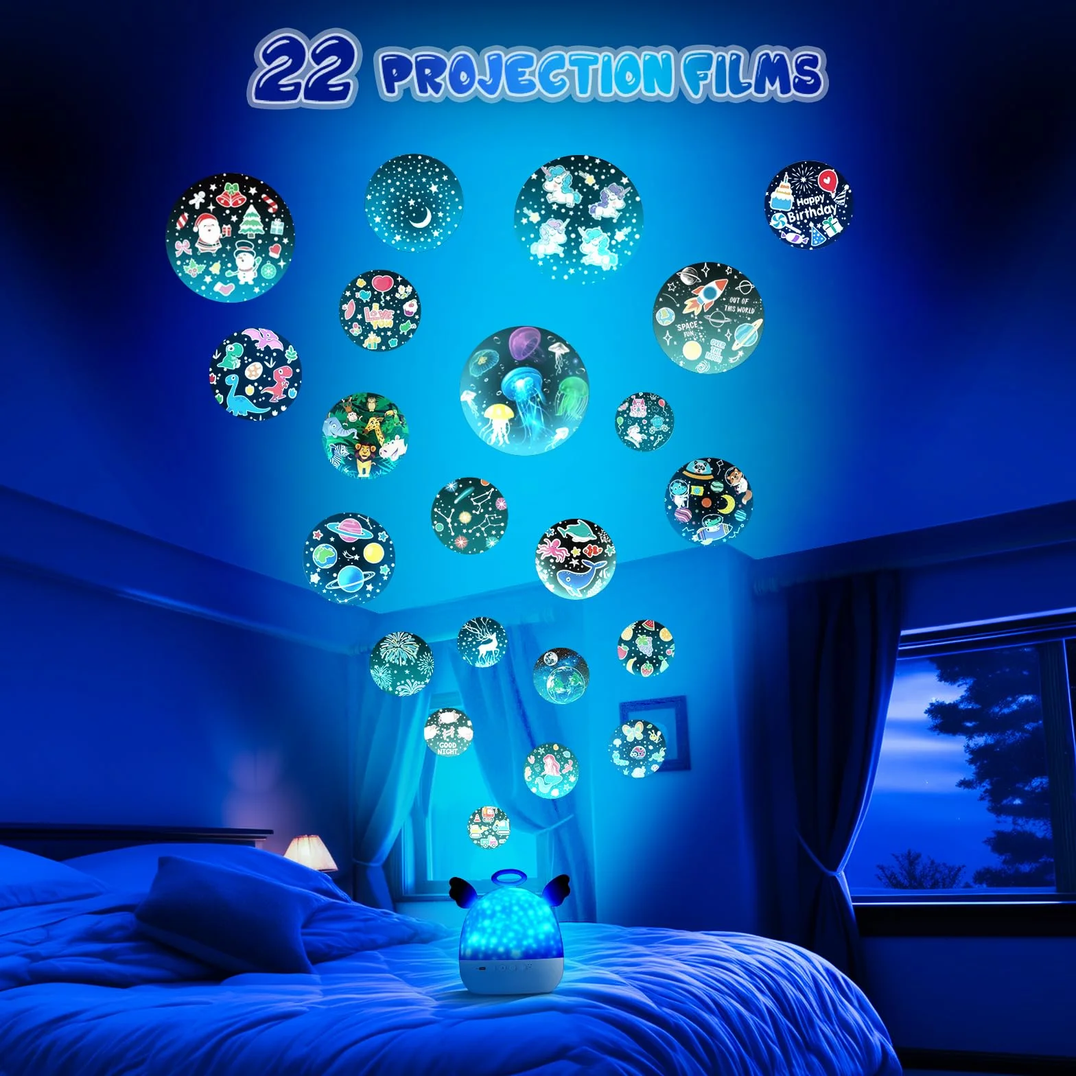 Proyector Estrellas Infantil 22 Temas Luz Nocturna 360° Rotación Proyector Bebes Luces Musica Control Remoto Temporizador Recargable
